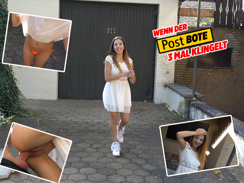 Wenn der Postbote 3 mal klingelt.. .. dann bringt er ein Paket und das muss nicht immer viereckig sein, sondern kann auch ganzschön geil sein. Zumindest liefert mit mein Postbote ordentliche Pakete und ihm ist sein Job glaub ich auch nicht sooo wichtig oder warum fickt der mich mitten in meiner Auffahrt Public wo uns alle meine Nachbarn und so sehen können? Der Opa von 3 Häuser weiter läuft auch ziemlich pikiert bei uns vorbei. Ob der mich hat stöhnen hören also der Postbote mich ordentlich gefickt hat?