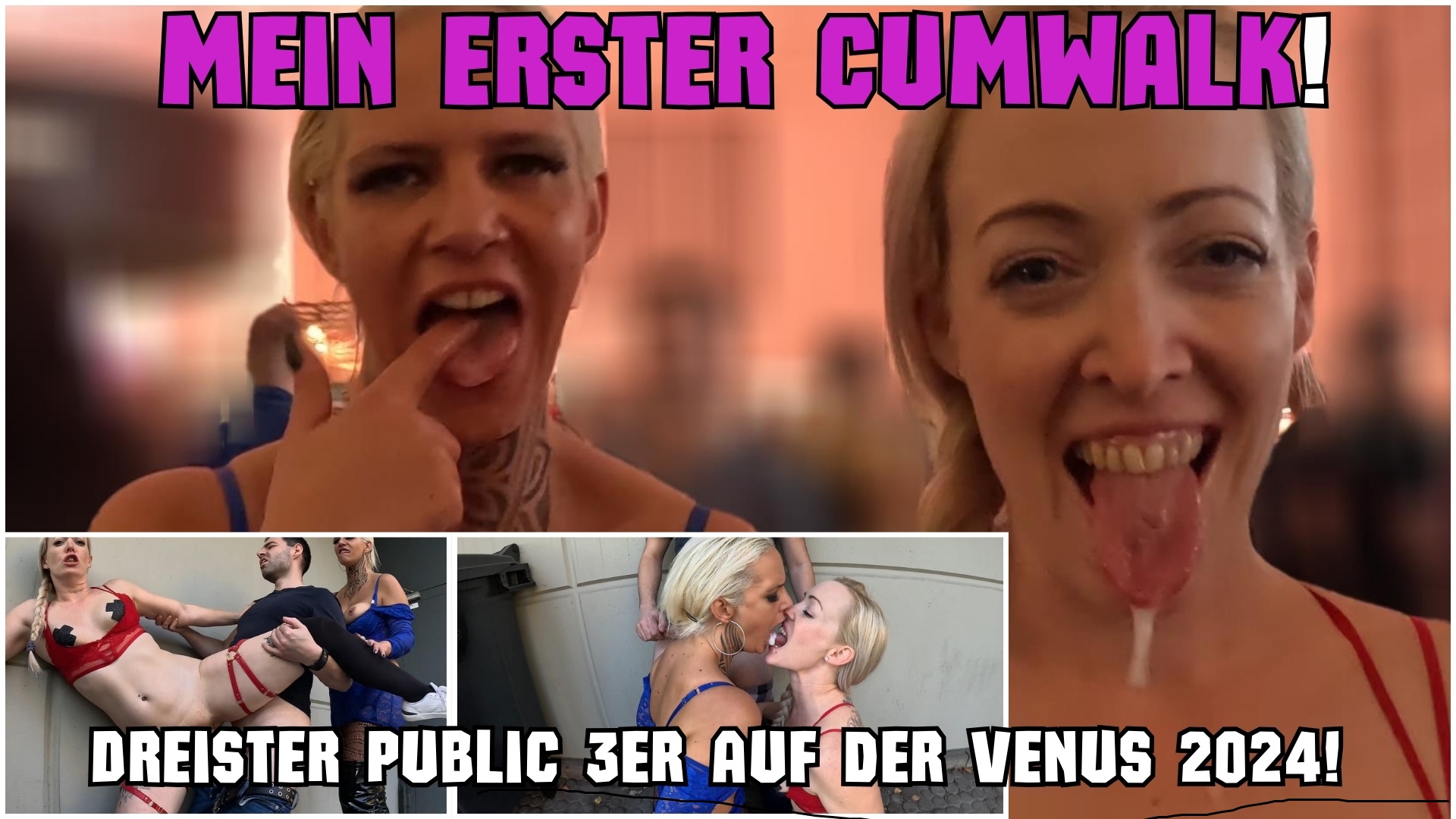 MEIN ERSTER CUM WALK  DREISTER PUBLIC 3er auf der VENUS 2024 Ich hab es getan! Nach einer heißen Lesben-Show mit Niki X Fetisch auf der Hauptbühne, wollte ein besonders begeisterter Fan noch Fotos mit uns machen. Aber wir zwei perversen Blondinen waren so aufgeheizt vom gegenseitigen Fingern und Lecken! Wir waren so  feucht, das wir uns dringen einen Schwanz gönnen wollten, na so bekommt er auch was extra geiles geboten auf der Venus. Na dann, auf dem Messegelände wird sich schon ein Örtchen finden um unsere Geilheit zu befriedigen. Wie wir seinen Schwanz zusammen lutschen und er uns nacheinander geil in den hals fickt. Aber nicht nur in den hals durfte er uns ficken, auch eine nach der anderen nimmt er richtig hart durch. Die geile Idee kam uns als er seine ganze ficksahne in meinen Mund spritzet! Einmal versaut zeigen, was wir gerade gemacht haben und schön mit Sperma im Gesicht über die Messe laufen!   #sperma #blondinen #geilerarsch