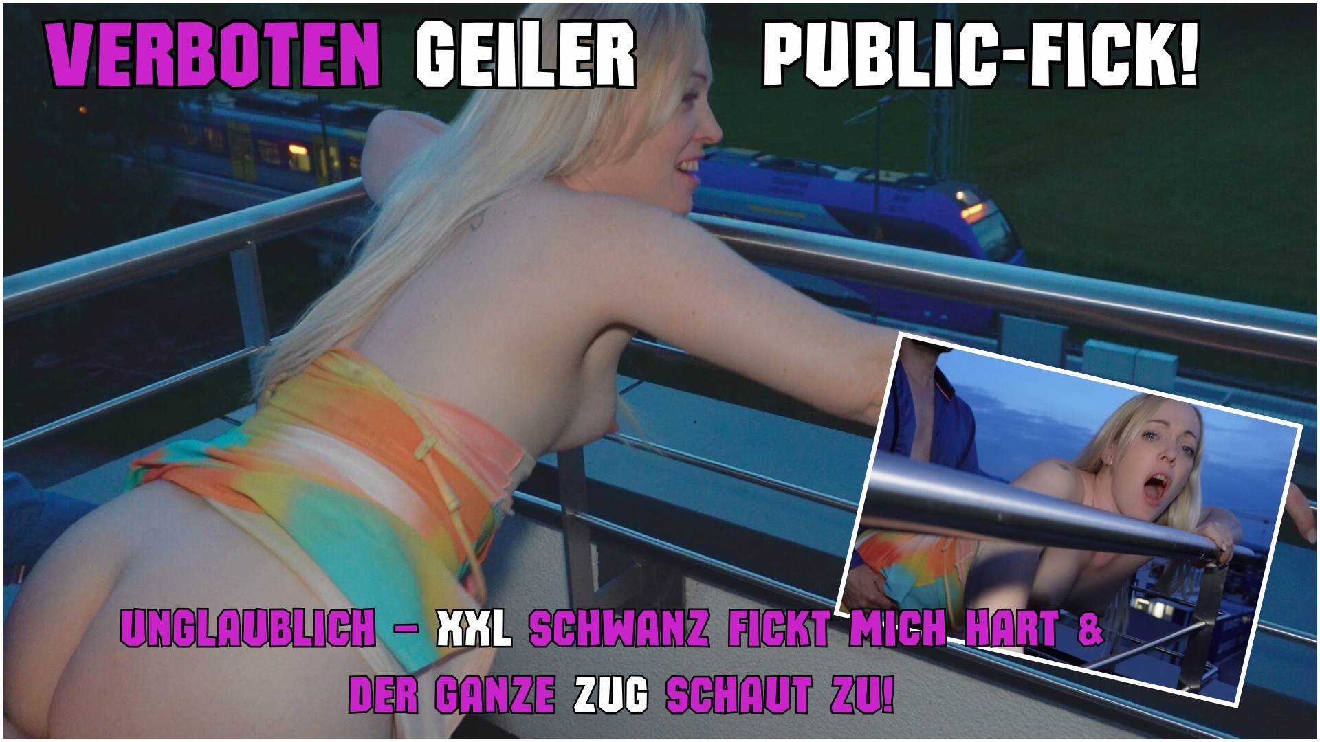 VERBOTEN GEILER PUBLICFICK! UNGLAUBLICH  XXL SCHWANZ FICKT MICH HART und EIN GANZER ZUG SCHAUT ZU! So viele Zuschauer beim Ficken hatte ich noch nie!  Und dabei fing alles so harmlos an… Ein entspannter Abend, ein verdammt durchsichtiges Sommerkleid und die Berge im Hintergrund. Perfekt, oder? Doch was fehlte? Richtig – ein geiler Schwanz, der mich heute noch ordentlich rann nimmt! Und plötzlich steht er da – keine Zeit verschwendet, kein Small Talk. Direkt einen smoky Blowjob, während wir riskieren, dass jeder uns sieht. Doch dann… OH FUCK, DA KOMMT DER ZUG! Alle Passagiere kriegen mit, wie er mich doggy am Geländer nimmt, meine Titten wackeln und ich lauter stöhne, als ich sollte. Aber ich will MEHR! Jetzt bin ICH an der Reihe – ich reite ihn, wild und unkontrolliert, weil der Adrenalinkick mit dem Zug mich so horny macht! Und als Belohnung? Seine ganze Ladung heißer Ficksahne – direkt in meinen Mund.  Na, warst du zufällig im Zug?  Dann hast du vielleicht die beste Show des Tages gesehen! #public #Ficken #milf