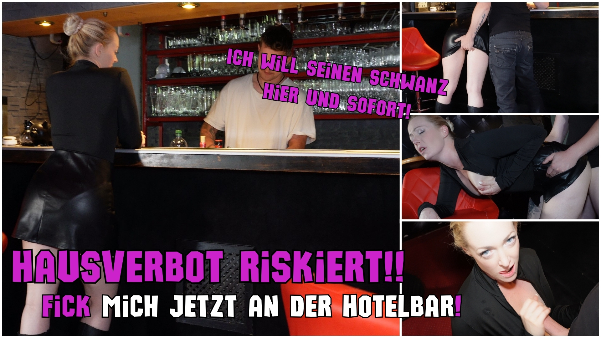 HAUSVERBOT Riskiert! Fick mich JETZT an der Hotelbar! Ich will seinen Schwanz hier und sofort! Kurz vorm Ausgehen nochmal richtig durchgenommen! Ich wollte eigentlich nur noch schnell was trinken an der Hotelbar... in Heels, aufgestylt, fertig zum Feiern. Und dann kommt ER! Den hab ich doch vorhin schon im Flur gesehen – heißer Blick, dicke Beule... und jetzt steht er plötzlich neben mir! Tja, lang zögert er nicht, kein Zimmer, kein Zögern. Einfach öffentlich, spontan, direkt an der Bar! Und ich? Ich zieh ihm frech den Schwanz aus der Hose und blase ihn mitten im HOTELBAR bis tief in meinen Hals. Dann nimmt er mich doggy übern Barhocker, wie in nem schmutzigen Hotelporno – die Heels auf dem Tresen, und sein dicker Schwanz knallt mir von vorn rein, richtig tief! Ich reite ihn wild auf dem kleinen Barhocker – während der Barkeeper heimlich zuschaut Und dann... Sperma-Alarm! Ich spür, wie er richtig krass abspritzt – so heftig, dass man\'s nachher wohl noch unterm Schwarzlicht in der Disco sieht! Na, wo würdest DU mich im Hotel ficken? #public #Ficken #cumshot
