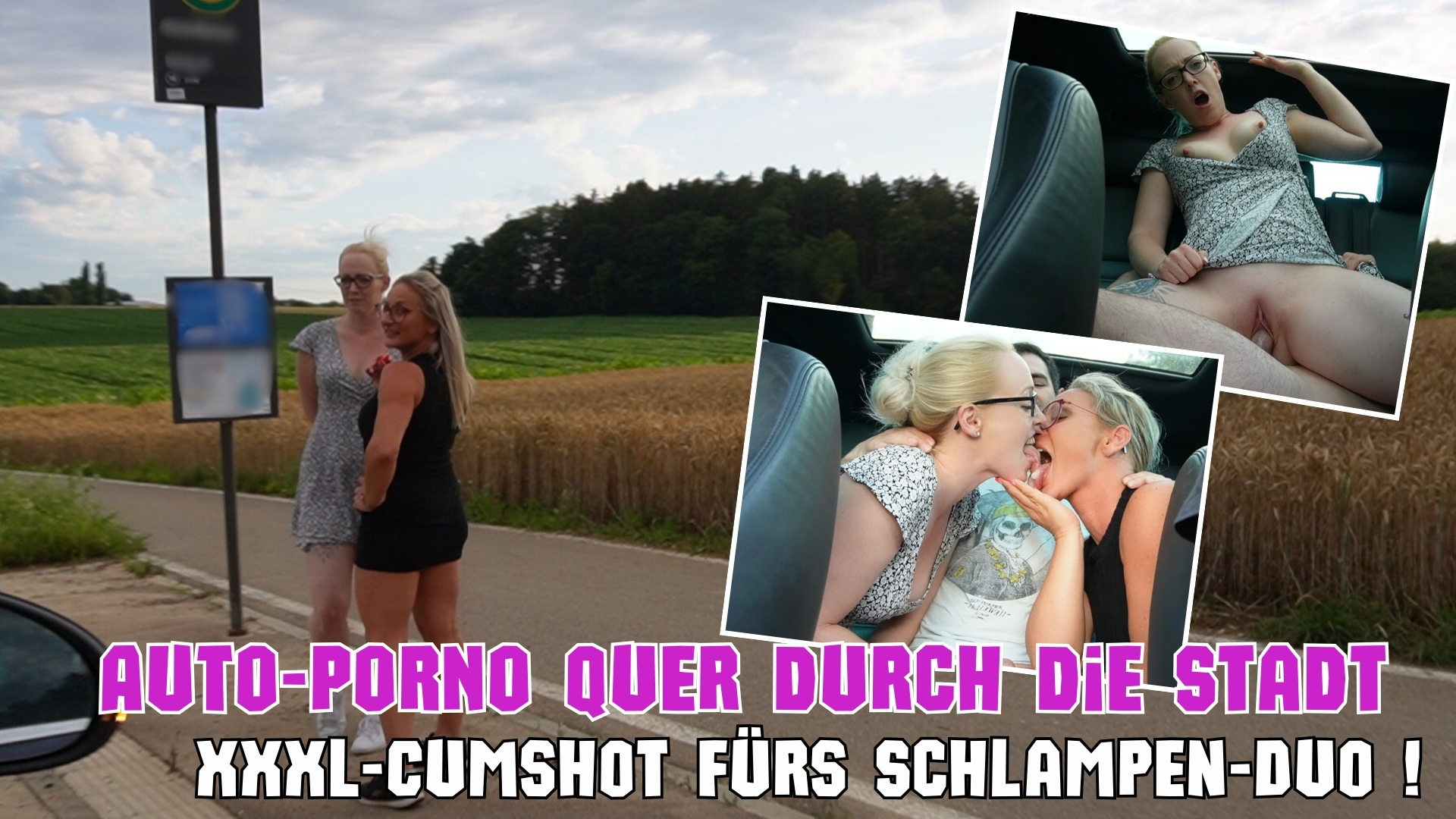AUTO-PORNO quer durch die Stadt  XXXL-Cumshot fürs Schlampen-Duo OMG, sieht ja fast aus als würde wir Aneta und Ich auf den Straßenstrich gehen... dabei war ich nur mal wieder total geil auf einen Fick und hab es einfach extrem provoziert, bis ein Auto neben uns angehalten hat. Wir wollte einfach nur benutzt und gefickt werden und das hat auch funktioniert. Kaum drin, schon knie ich auf dem Rücksitz und blase ihm den Schwanz, Kleidchen hoch drunter eh nix. Er stößt mich hart durch, meine Titten hüpfen im Rhythmus, während draußen die Autos vorbeifahren. QUER durch die Stadt geht unsere heiße Ficktour! An der roten Ampel reitet Aneta ihn wie ne geile Drecksau, während die anderen Fahrer glotzen. Pure Public-Aktion! Spermahungrig wie noch nie wollen wir seine Ficksahne, dass er uns geil ins Blasmaul wichst, denn heute wollen wir alles schlucken! Wir ahnen ja nicht, was er uns für eine fette krasse Ficksahne-Ladung in die Fresse spritzt... fast hätte ich mich daran verschluckt, als er mir bis in den Hals gespritzt hat. Die Ficksahne teilen 