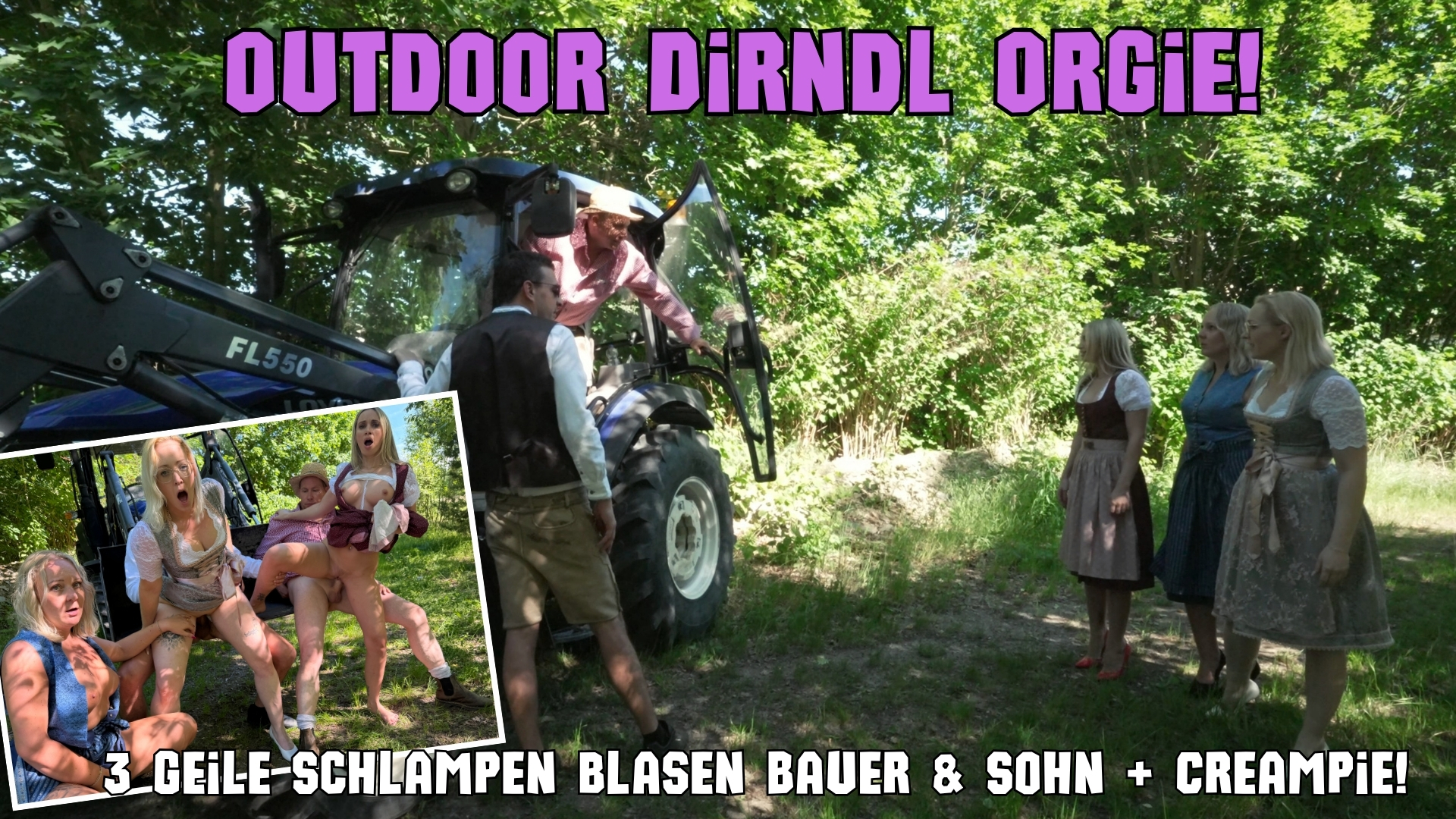 Outdoor Dirndl Orgie 3 geile Schlampen blasen Bauer und Sohn  Creampie! Outdoor Dirndl Orgie beim Volksfest! Micky_Muffin, Lucie_Bavarina & ich werden von Bauer Ronny und seinem Sohn erwischt! Drei geile Dirndl Schlampen nehmen auf dem Weg zum Volksfest eine verbotene Abkürzung über Privatgrund – und werden sofort von Bauer Ronny und seinem geilen Sohn erwischt! Statt Ärger gibt’s nur eine Lösung: Auf die Knie! Nacheinander blasen wir ihre dicken Bauernschwänze tief und sabbernd im harten Deepthroat. Richtig gierig und bis tief in den Rachen! Aber die beiden Hengste wollen mehr. Sie ficken uns die engen Fotzen blank: Hartes Doggy am Traktor, wild im Führerhaus geritten und auf der Schaufel durchgevögelt! Krönung: Micky_Muffin kassiert einen fetten Creampie direkt in ihre Fotze von Bauer Ronny, während der Sohn auf ihren Arsch spritzt. Lucie_Bavarina und ich lecken alles brav sauber und teilen die geile Ficksahne mit einem heißen Spermakuss! #public #dirndl #Creampie