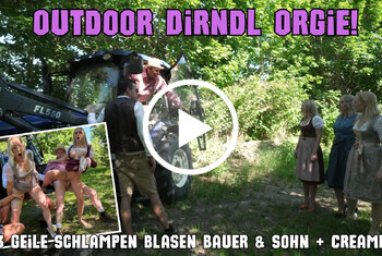 Outdoor Dirndl Orgie beim Volksfest! Micky_Muffin, Lucie_Bavarina & ich werden von Bauer Ronny und seinem Sohn erwischt! Drei geile Dirndl Schlampen nehmen auf dem Weg zum Volksfest eine verbotene Abkürzung über Privatgrund – und werden sofort von Bauer Ronny und seinem geilen Sohn erwischt! Statt Ärger gibt’s nur eine Lösung: Auf die Knie! Nacheinander blasen wir ihre dicken Bauernschwänze tief und sabbernd im harten Deepthroat. Richtig gierig und bis tief in den Rachen! Aber die beiden Hengste wollen mehr. Sie ficken uns die engen Fotzen blank: Hartes Doggy am Traktor, wild im Führerhaus geritten und auf der Schaufel durchgevögelt! Krönung: Micky_Muffin kassiert einen fetten Creampie direkt in ihre Fotze von Bauer Ronny, während der Sohn auf ihren Arsch spritzt. Lucie_Bavarina und ich lecken alles brav sauber und teilen die geile Ficksahne mit einem heißen Spermakuss! #public #dirndl #Creampie