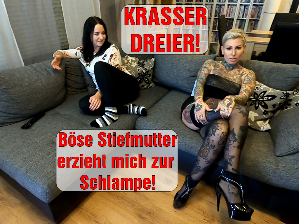 Krasser DREIER! Böse Stiefmutter erzieht mich zur Schlampe! Ich war zu Hause und wollte einen gemütlichen Fernsehabend machen, da kommt meine verrückte Stiefmutter, auf einmal mit diesem ekligen Kerl herein und meinte der Typ soll mich ficken, sie hätte es ihm versprochen. Was für ein ekelhafter Typ einfach und mit dem soll ich jetzt ficken?! Ein geiler Dreier mit meiner #Stiefmutter und einem fremden Mann. Oh mein Gott....alleine der Gedanke daran, hat mich mächtig feucht gemacht und sie wohl auch. Schnappt sich einfach den fremden Schwanz und fängt an ihn zu wichsen und zu lutschen. Sie bläst ihn schön an für mich und zeigt mir wie ich es richtig machen soll, damit ich auch eine gute Schlampe werde!  Und dann....wurde es noch mega scharf zwischen uns. Abwechselnd fickt er unsere Fotzen und spritzt dann eine fette Ladung Sperma auf unsere Zungen. Was habe ich nur für eine perverse Stiefmutter???