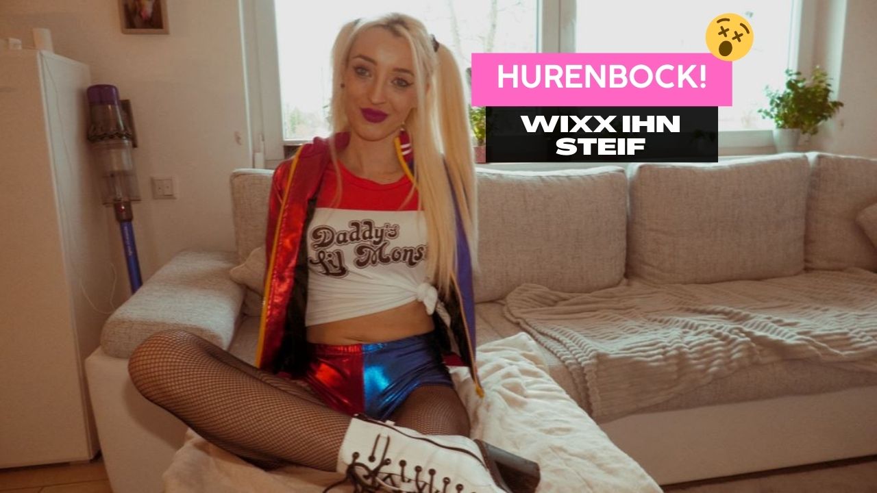 Kleiner Hurenbock wixx ihn steif Im Harley-quinn Kostüm habe ich meinen kleinen Hurenbock angeleitet, seinen Schwanz steif zu rotzen und unter Anleitung am Aromafläschchen zu schnuppern bis er sich vor Geilheit nicht mehr halten konnte. Am Ende durfte er für mich abspritzen, natürlich mit einem geilen Countdown.