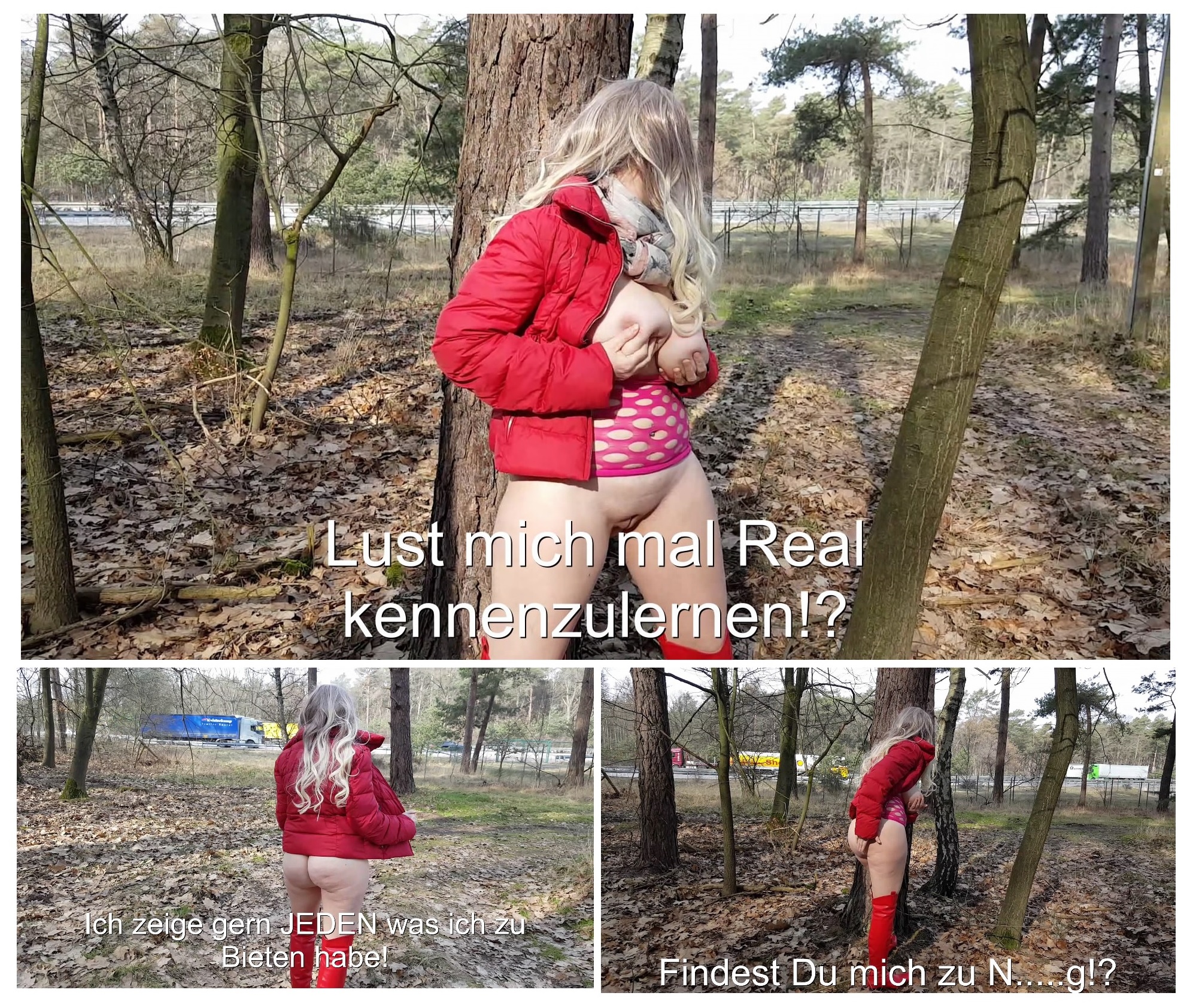 Bückstück Zuchtstute Hucow für UserSchwänze!? Jeder darf meine dicken Titten prallen Po und meine rasierte Fotze natürlich Public sehen! Ich zeige gern an der Autobahn was ich zu Bieten habe! Sicherlich haben mich viele schon gesehen oder auch Fotos gemacht!? Ich bin gern ein geiles Frivoles Miststück! Kosenamen wie Fickfleisch, Bückstück, Schlampe, Hucow, Eutersau, Spermaklo usw törnen mich total an:-)! In diesem Video Posiere ich nackig in mein Roten Dessous an der Autobahn als Billiges Luder! Viel Spaß beim angucken:-)! Suche gern ein Darsteller für meine Videos! Schreib mir einfach! Kuss Mandy #blond #dicketitten #hucow #spermaklo #hobbyhure #schlampe #autobahn #outdoor #rot #luder #eutersau #single