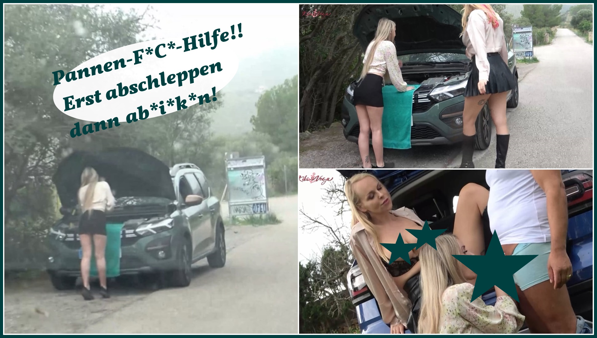Na wer steht denn da am Strassenrand?!? Ui eine Autopanne hat die süsse Blonde Micky! Na da können wir sicher helfen , erstmal Motorhaube auf und ganz tieeefff druntergucken, huch das sieht aber nciht so gut aus , aber damit wir Micky Muffin helfen , muss sie meinem Freund auch erstmal helfen und schön seinen Schwanz blasen direkt an der Strasse! Dann fickt er uns doggy direkt am Auto , oh GOTTTTT ist das geil, und wir reiten ihn geil mi Auto ab, das hat uns so heftig geil gemacht , dass wir sogar beide GESQUIRTET haben. Na wer braucht noch den PANNEN-FICK-DIENST?