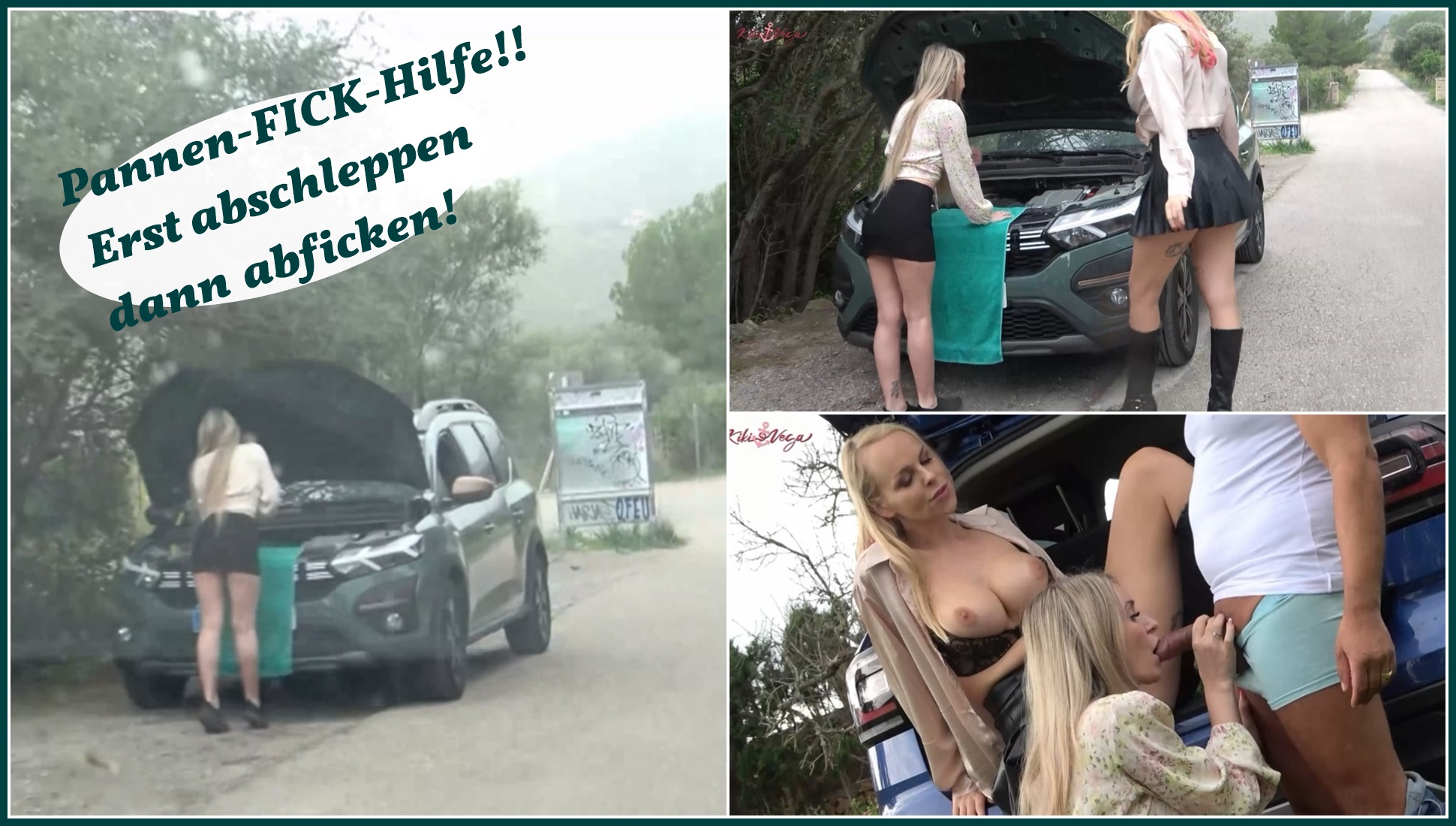 Pannen-FICK-Hilfe!!  Erst abschleppen dann abficken! Na wer steht denn da am Strassenrand?!? Ui eine Autopanne hat die süsse Blonde Micky! Na da können wir sicher helfen , erstmal Motorhaube auf und ganz tieeefff druntergucken, huch das sieht aber nciht so gut aus , aber damit wir Micky Muffin helfen , muss sie meinem Freund auch erstmal helfen und schön seinen Schwanz blasen direkt an der Strasse! Dann fickt er uns doggy direkt am Auto , oh GOTTTTT ist das geil, und wir reiten ihn geil mi Auto ab, das hat uns so heftig geil gemacht , dass wir sogar beide GESQUIRTET haben. Na wer braucht noch den PANNEN-FICK-DIENST?