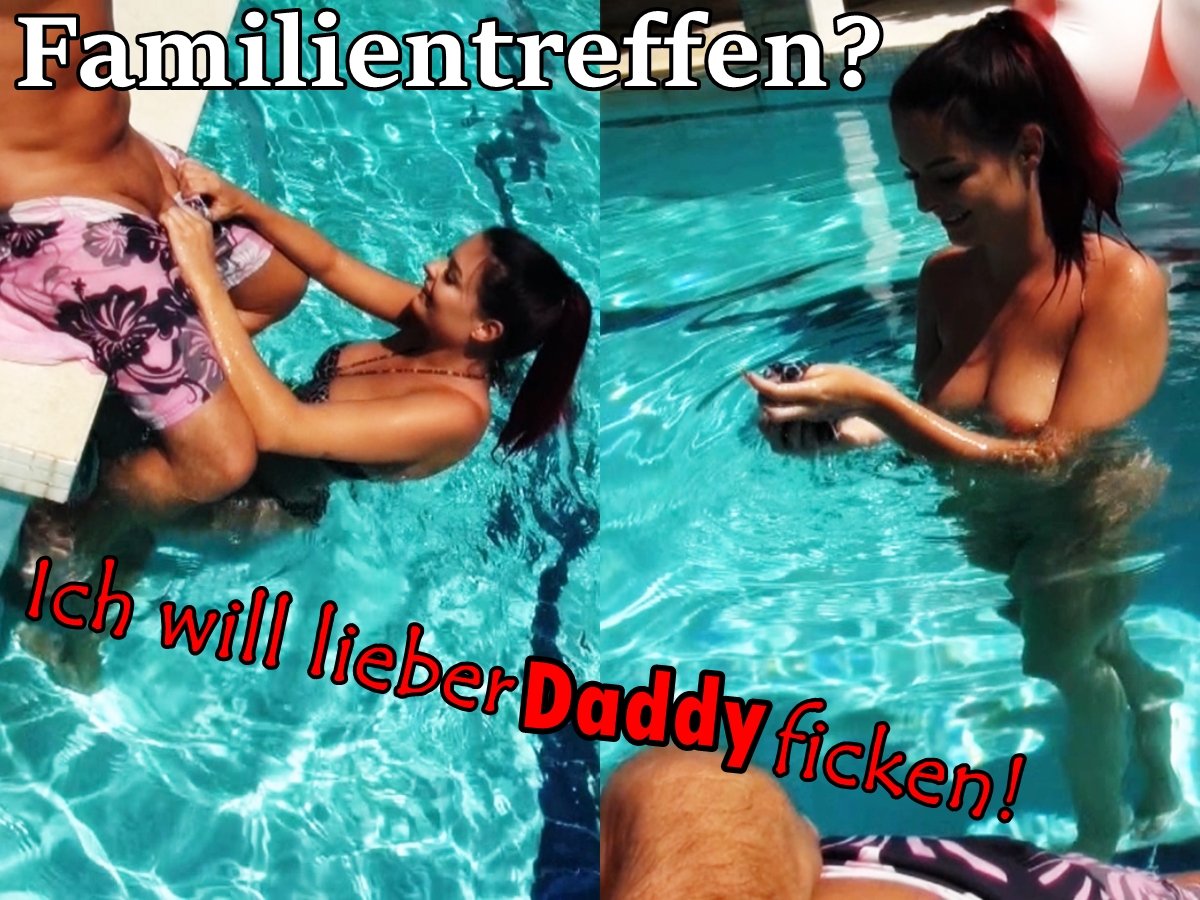 Wir wollten auf ein Familientreffen, wie öööööde... Ich wollte viel lieber mit meinem Stiefpapa im Pool plantschen. Mama braucht eh immer so lange beim Duschen, also hab ich mal eine geile Ader spielen lassen. Ich zog ihn einfach in den Pool und dabei noch seinen Schwanz aus der Hose, upsiiiiiii... War ganz aus Versehen ;)! Naja, ich hab seinen Schwanz einfach in mein Blasmaul genommen und ihn schön verwöhnt. Und wie laut ich beim Ficken gestöhnt hab!!! Ob Mami das gehört hat?! Ich hoffe nicht. Aber ich war soooooo geil auf ihn!!