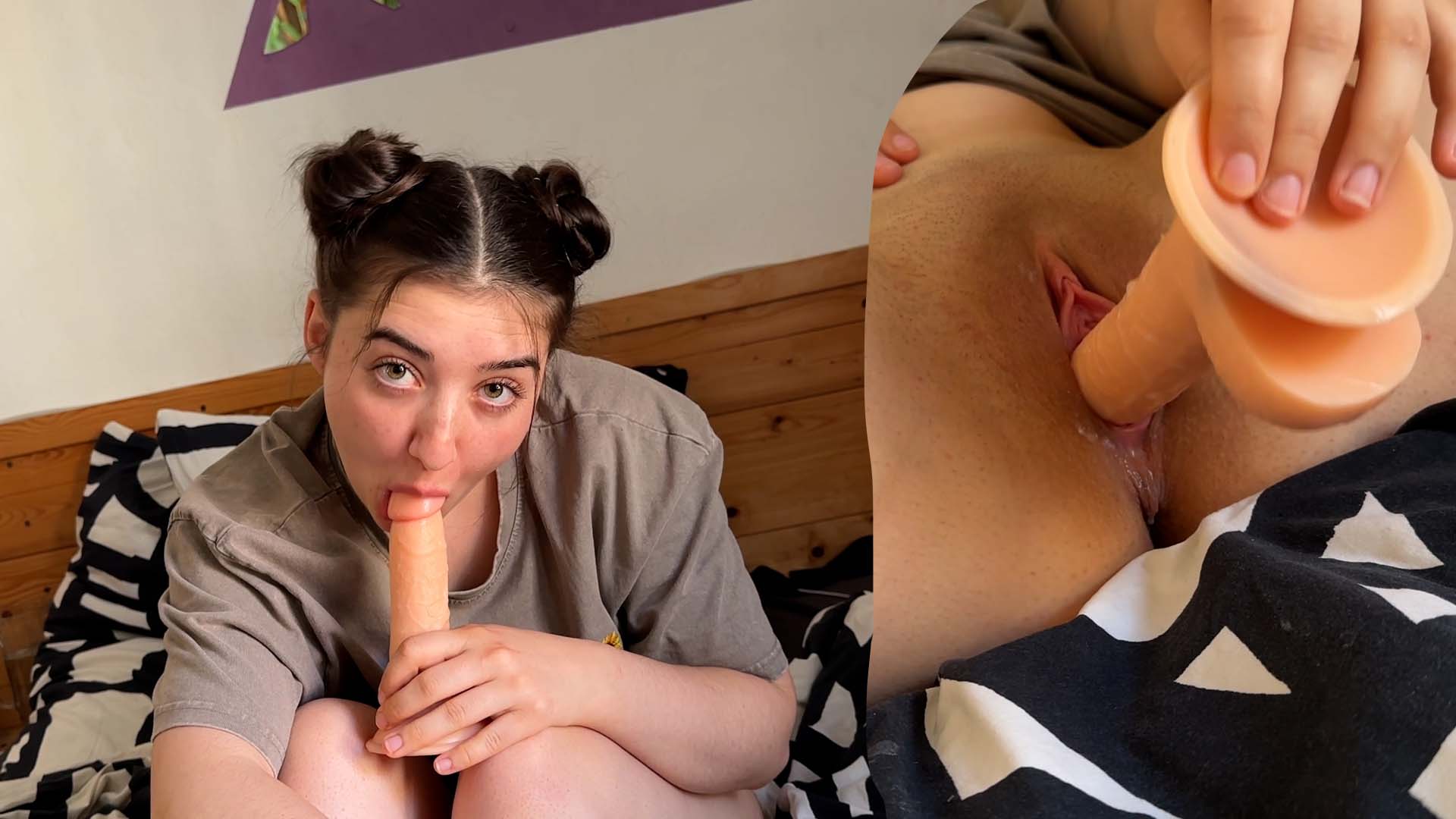 Nur ich, mein Lieblingsdildo und ein richtig nasses Ende. Mit meiner frechen Frisur (Double Buns) und nichts als einem T-Shirt auf der Haut lege ich sofort los. Ich kann’s kaum erwarten, mich selbst so richtig zu ficken. Tief rein, immer schneller – dann lecke ich den Dildo nochmal schön ab voll mit meinem Pussy jucie und merke wie creamy ich bin. Fuck schmeckt schon geil. Dann ficke ich mich weiter bis meine Pussy geil zuckt und ich komme !