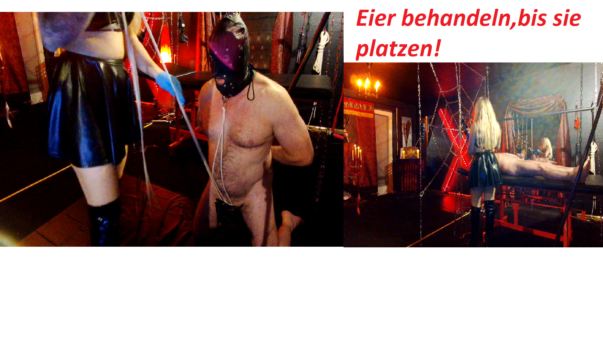 Heute habe ich mich dazu entschieden die Eier richtig leiden zu lassen! Zu Anfang habe ich sie erstmal schön eingeweiht, und eng abgebunden ! So dass ich schonmal die Grundlagen geschaffen hatte für mein nächstes  Vorhaben ! Nachdem sie eng gebunden waren, habe ich den Sklaven auf meine Liege gefesselt……..um dort entgültig seine Eier zum glühen zu bringen ! Er jammerte nur noch vor sich hin..........

Domina#Herrin#Sklave#