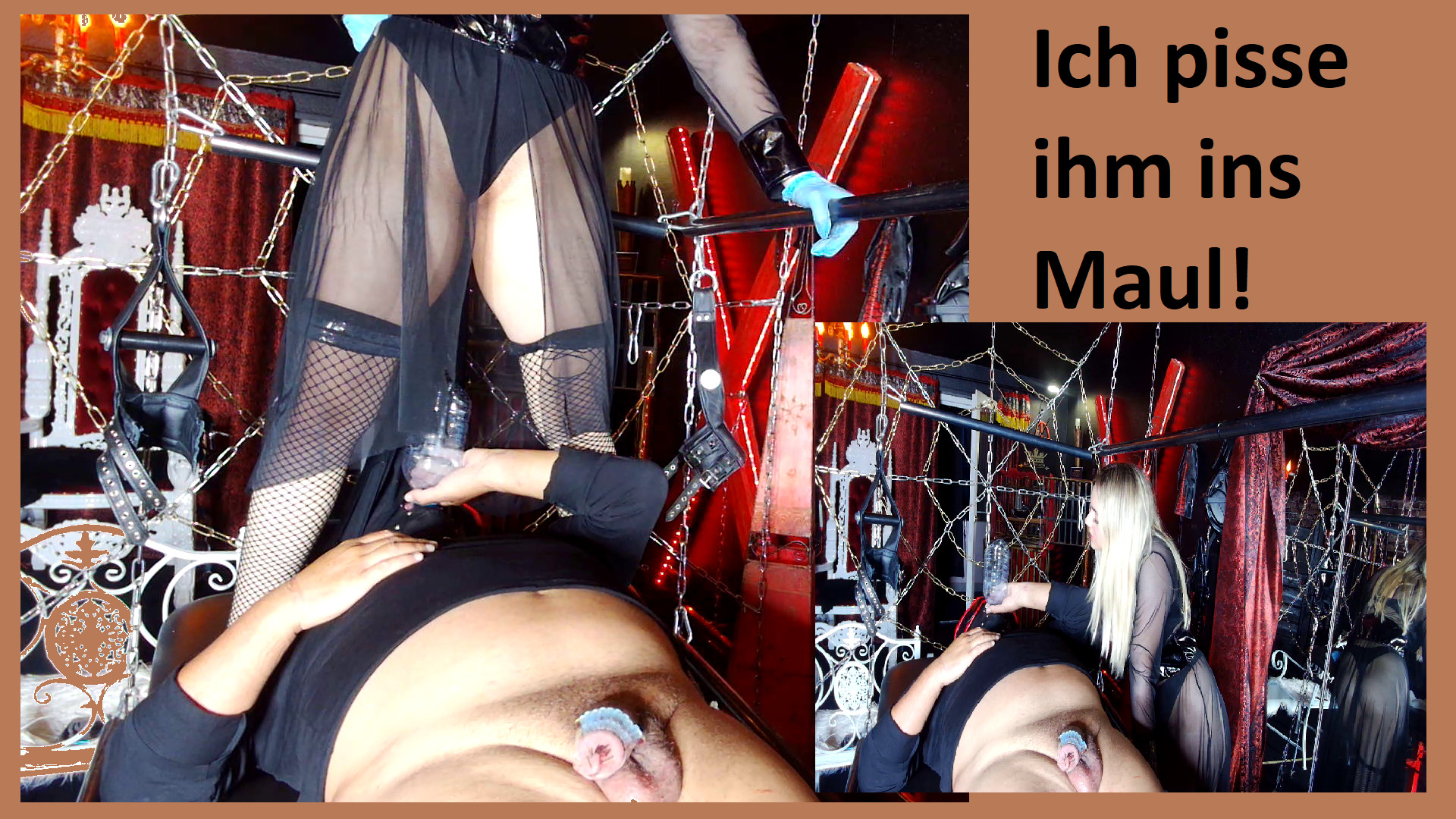 Heute hatte ich wieder Lust das Sklaven-Maul ordentlich zu füllen. ALso ham ich den Pisstrichter steckte ich in sein Maul! Und fing an rein zu pissen, schnell schluckte er alles unter Zwang. Es war eine rießen große Ladung für ihn.

Aber ich muss zugegeben er hat alles schön brav und genüsslich runter geschluckt!
Ich war stolz auf ihn und seine Leistung !!!!