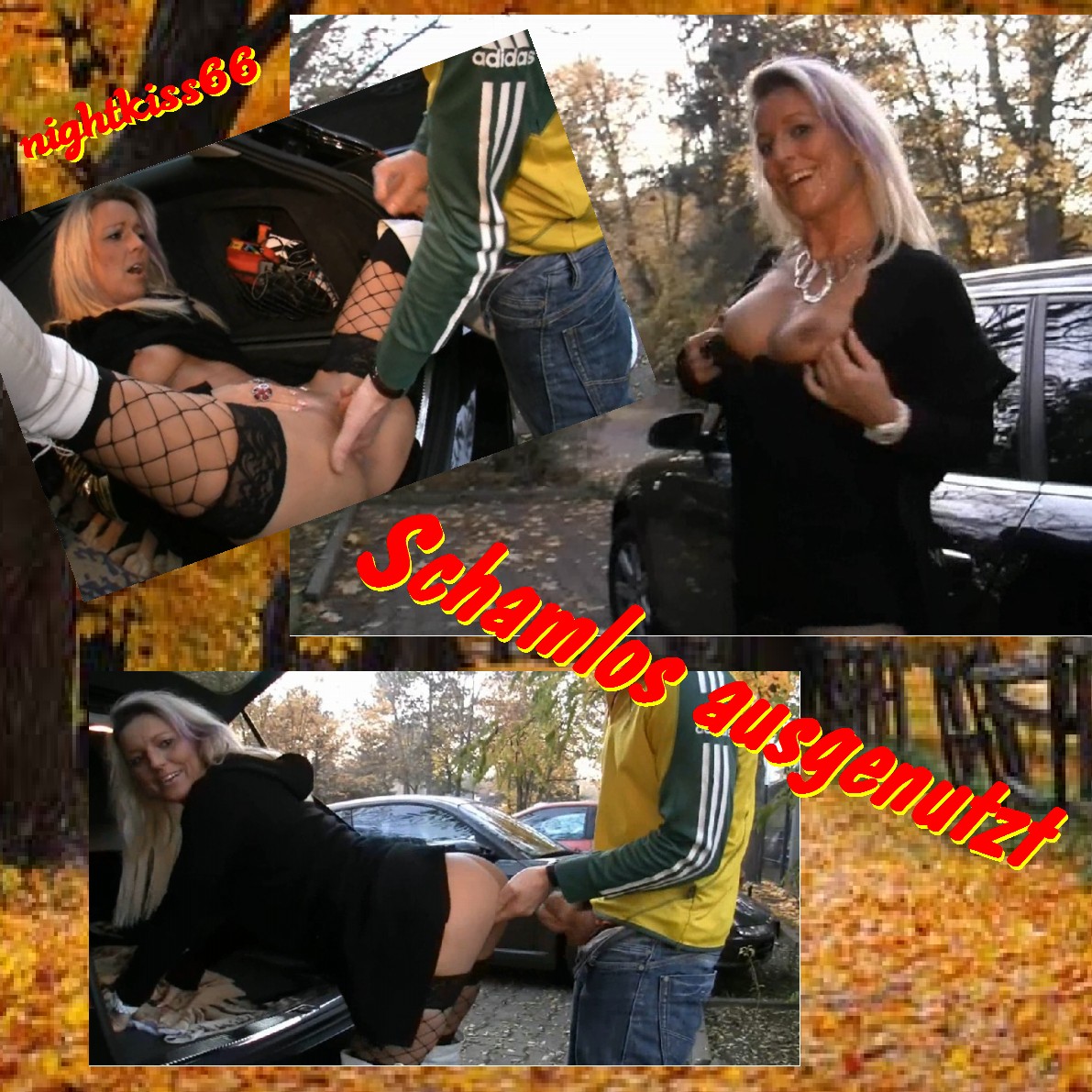 Public-Fick im Herbst! Ausgenutzt?! Wollte gerade los zu nem geilen Ficktreff...sexy angezogen mit haltelosen Strümpfen mit nichts drunter kommt mir doch so ein sexy Typ dazwischen und fickt mich mal eben in der Öffentlichkeit durch...spritzt mich mega voll und verschwindet wieder! Toll dachte ich...geiler Fick-Sperma in der Fresse!!! Egal...fahre gleich so eingesaut weiter zum nächsten Spermaspender...der kann mir ja seinen Saft gleich dazugeben...:-)...