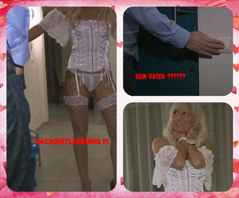 !!!! Mit wem ficke ich denn jetzt !!!! In meinem Dorf hat es sich ja schon lange herumgesprochen was ich so in meiner Freizeit treibe. Aber das jetzt schon die Väter bei mir klingeln mit dessen Söhnen ich meinen Spaß habe ist der Oberknaller ! Ich erwartete den Carsten und plötzlich klingelt Herr P. an meiner Tür. Ich öffne ihm natürlich in einem reizenden Traum in weiß mit Strapsen und alles was dazu gehört. Oh mein Gott dachte ich. Er wusste auch ganz genau was mit seinem Sohn bisher ablief. Wie sollte ich mich nur verhalten? Ein klein wenig schämte ich mich sogar vor ihm. Doch ich weiß von seinem Sohn, dass er ein ordentliches Rohr in der Hose hat, worauf Carsten schon immer etwas neidisch war. Also ließ ich es geschehen und mich auf ihn ein. Wie der abging kannst du dir nicht vorstellen. Der war ja richtig gierig. Ich glaube der durfte seine Ehefrau schon lang nicht mehr vögeln und abspritzen. Da hatte sich ordentlich was angesammelt.