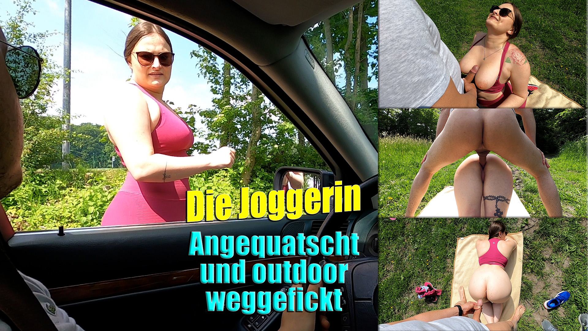 Die Joggerin. Angequatscht und outdoor weggefickt Ich war auf meiner Jogging-Runde am Kanal unterwegs, als sich ein Auto näherte und der Fahrer mich anquatschte. Schnell war klar, dass er nicht mitlaufen wollte, sondern Bock hatte, mich zu ficken. Naja… Sport ist das ja auch. Also stieg ich zu ihm ins Auto und wir fuhren ein Stückchen zu einer Wiese. Ich nahm direkt seinen Schwanz in den Mund und lutschte genüsslich daran. Als er so richtig hart und prall war, steckte er ihn blank in meine hungrige Fotze. In der Ferne konnte ich immer wieder Fußgänger sehen. Ob sie uns auch gesehen haben? Die Vorstellung, erwischt zu werden, machte mich extrem geil