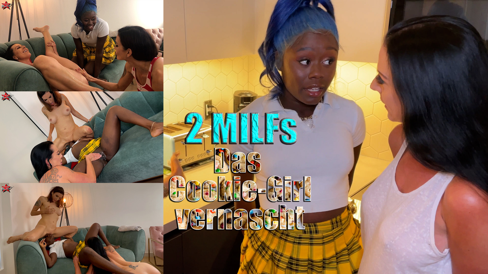 2 MILFs. Das Cookie-Girl vernascht Ich stehe mit meiner lieben Milf Shay in der Küche, als es klingelt. Ich öffne die Tür und da steht dieses junge dunkelhäutige Ding, in ihrer Hand einen Korb mit Cookies. Natürlich bitte ich sie direkt herein. Als sie uns erklärt, was sie uns da verkaufen möchte, habe ich nur eines im Sinn: ich will ihre süße schwarze Muschi probieren. Als die kleine dann checkt, dass wir die bisexuellen Milfs sind, über die in der Nachbarschaft wohl schon viel geredet wird, haben wir sie und ehe sie Nein sagen konnte, lagen wir auf dem Sofa und hatten geilen Spaß