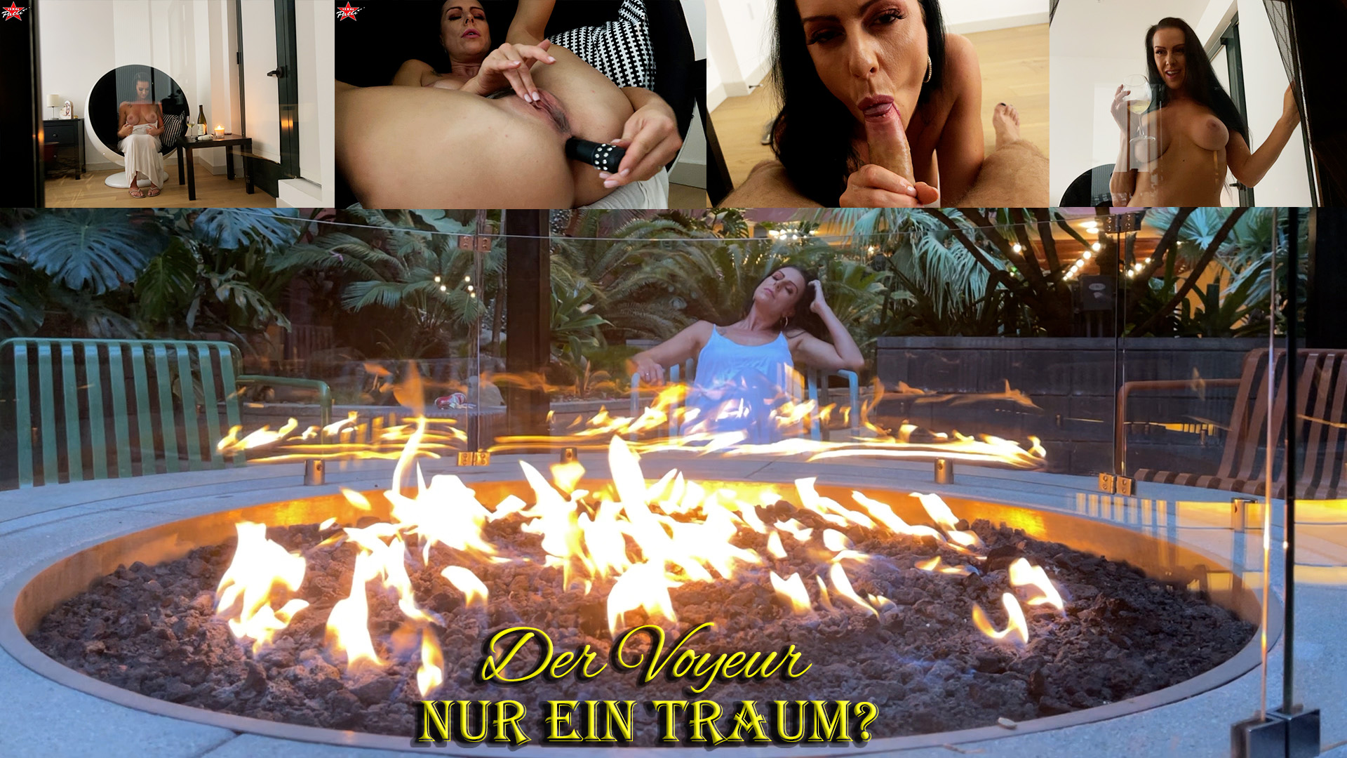 Der Voyeur. Nur ein Traum? Ich sitze draußen und genieße den Tag, als ich merke, dass mein Nachbar gegenüber sitzt und mich anstarrt. Ich glaube, er ist schon lange scharf auf mich und beobachtet mich auch regelmäßig durchs Fenster. Ich stehe auf, nehme meinen Schlüssel und laufe auf ihn zu. Im Vorbeigehen streichle ich wortlos seinen Arm und gehe in meine Wohnung. Als ich später sehe, dass er am Fenster sitzt, lege ich mir mein Spielzeug zurecht, lasse langsam mein Kleid fallen und fange an, es mir selbst zu besorgen. Ich nehme einen Vibrator dazu und schiebe ihn mir langsam in meinen Arsch. Durchs Fenster kann ich ihn sehen, wie er seine Blicke nicht von mir abwenden kann. Plötzlich sitzt er vor mir und ich blase ihm sanft den Schwanz. Dann werde ich immer schneller und schneller, bis er es nicht mehr aushält und sein Saft herausschießt. Genüsslich lecke ich auch den letzten Tropfen weg. Ich gehe zum Fenster und sehe ihn, wie er auf seine Couch sitzt und in meine Richtung sieht. War vielleicht alles