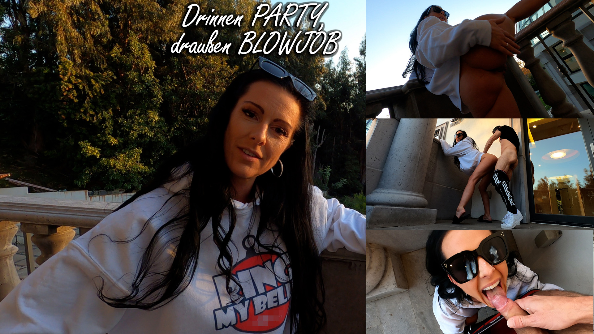 Drinnen Party, draußen Blowjob Eine mega Villa in Beverly Hills… Drinnen steigt ein heißes Party-Wochenende. Mir ist aber nicht nach abtanzen, ich will Schwänze. Ich gehe also durch das riesige Haus und suche nach Typen, die irgendwo Abseits stehen und finde dann einen auf einem Balkon. Er scheint erst ein wenig genervt von mir zu sein, durchschaut aber schnell, was ich von ihm will. Spätestens als ich ihm zeige, dass ich ohne Unterwäsche unterwegs bin, habe ich ihn. Ich lutsche ihm genüsslich den Schwanz und lasse mich auf dem Balkon ordentlich durchficken… Mal schauen, ob ich noch ein weiteres Opfer finde