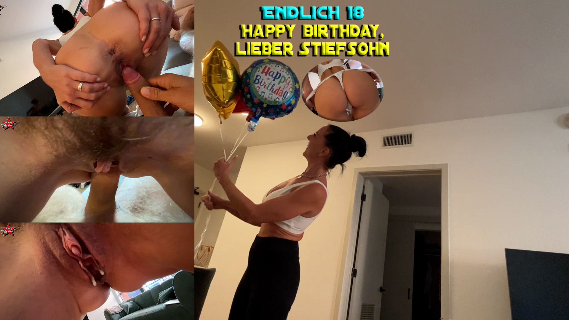 Endlich 18. Happy birthday, lieber Stiefsohn Heute ist sein großer Tag… Mein kleiner Stiefsohn wird endlich 18. Ich habe ein paar schöne Ballons besorgt und überrasche ihn damit. Er ist davon allerdings so gar nicht begeistert, hatte er doch ganz andere Ideen. Als er mir von diesen erzählt, muss ich echt schlucken. Ich hätte niemals erwartet, dass er mit seinen zarten 18 Jahren schon so verdorben ist. Naja,… sieh´ selbst, mit welchem besonderen Geburtstagsgeschenk ich ihm dann doch noch eine große Freude machen konnte.