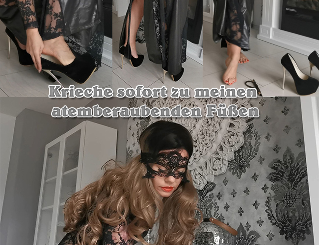 Du hast es richtig gehört, du hast sofort zu meinen atemberaubenden Füßen zu kriechen du kleiner Fußkriecher, sieh dir genau meine Göttlichen Füße an und genieße Sie in wunderschönen hohen Heels und in Barfuß. Die Sexy rot lackierten Fußnägel werden dir den Verstand rauben. Den du wirst bei mir ab sofort da unten die meiste Zeit mit meinen Traumhaften Füßen verbringen. Auf den Boden kniend, so wie du es verdient hast!