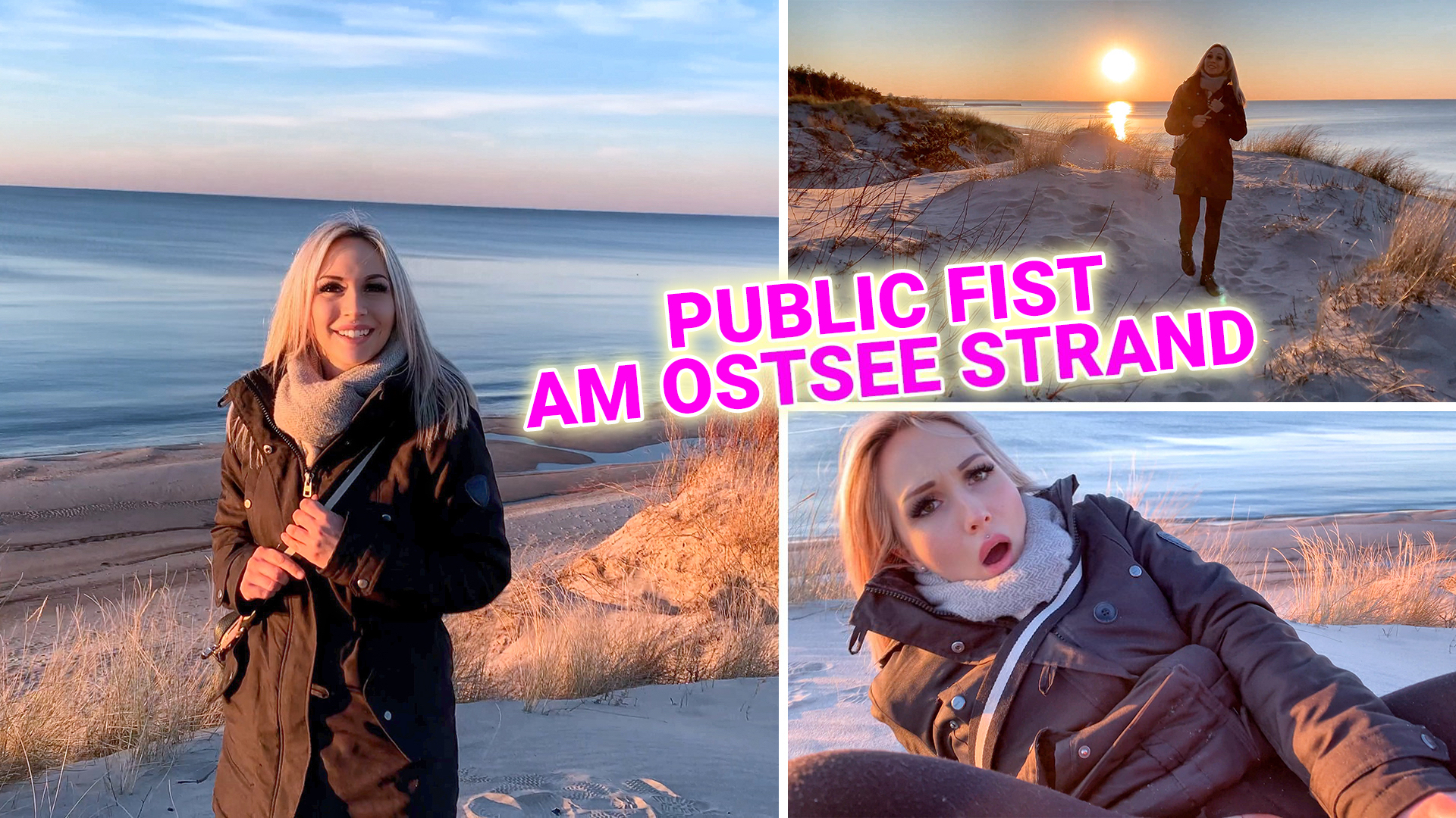 Public Fist am Ostsee Strand ! So romantisch wurde ich lange nicht mehr gefistet ;) Ich war an der Ostsee und wir wollten den tollen Sonnenuntergang genießen.

Plötzlich fasste er mir an den Arsch und bemerkte, dass ich ein Loch in der Hose hatte. Er steckte gleich seine Finger hindurch und begann meine Pussy zu bearbeiten. Ich wurde so geil dabei und es tropfte nur so aus ihr heraus. 

Natürlich wollte ich dann auch noch mehr und wir machten direkt am Strand weiter. Klar war es echt riskant, denn jeder konnte uns sehen aber das war jetzt einfach nur egal. Ich wollte seine ganze Hand in meiner Muschi spüren. Ich legte mich auf den Sand und er machte weiter. Erst einen Finger, dann zwei und am Ende war es die ganze Faust. Der Orgasmus war mega intensiv und ich hoffe uns hat keiner dabei beobachtet ...