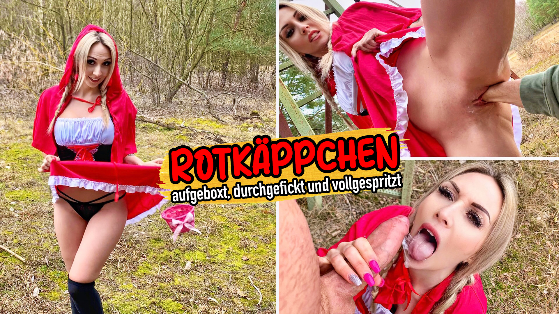 Rotkäppchen - aufgeboxt, durchgefickt und vollgespritzt ! Rotkäppchen war gerade auf dem Weg durch den Wald, da traf sie den Jäger. Beide hatten sich sehr lange nicht mehr gesehen. Der Jäger war sehr angetan vom Rotkäppchen und sie machte ihm auch schöne Augen. Plötzlich packte das Rotkäppchen ihre Brüste aus und bat den Jäger sie zu wärmen. Dieser hatte aber ganz andere Sachen mit ihr vor und zog ihr den Slip aus. Er steckte erst einen Finger in ihr nasses Fötzchen, dann einen zweiten, bis am Ende die ganze Faust in ihr steckte. Rotkäppchen fand das mehr als geil und wollte, dass es ihr der Jäger so richtig hart besorgt. Er fistete ihre Muschi bis Anschlag durch, bevor er seinen fetten Schwanz in sie steckte. Beide fickten am Hochstand und Rotkäppchen bettelte um sein Sperma. Das ließ sich der Jäger nicht zweimal sagen und spritzte Rotkäppchen seine Sahne in den Mund. Die war so gierig nach seinem Sperma, dass sie noch den letzten Tropfen aus ihm saugte. Danach setzte das Rotkäppchen  ihren Weg fort, als ob gar nichts passi