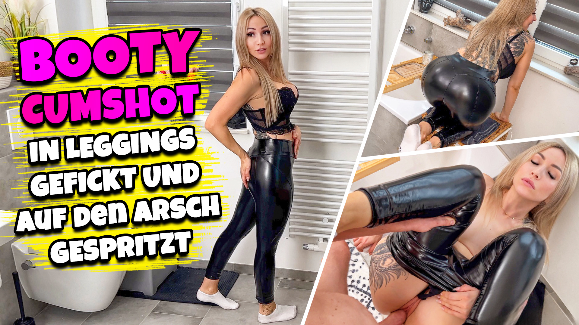 BOOTY CUMSHOT - In Leggings gefickt und auf den Arsch gespritzt Meine neue Leggings ist angekommen. Schön schwarz, glänzend und haut eng. Ich musste sie natürlich gleich zeigen und fragen, wie sie mir steht. Stehen tat dann jedoch sehr schnell was anderes und ihn machte der Anblick mehr als geil. Sein Schwanz wurde immer größer und praller. Ich zog die Leggings ein kleines Stück unter meinen Arsch und er durfte seinen Schwanz blank in meine Pussy stecken ! Wir ficken so richtig geil und wechselten dann die Position. Er nahm mich von vorne, die Füße nach oben und ab ging es weiter. Dabei hatte ich weiterhin meine geilen Leggings an und meine weißen Sneaker Söckchen. Ich wollte, dass er mir auf den Arsch spritzt, nämlich auf meinen prallen Leggings Arsch. Ich zog schnell die Leggings wieder hoch und strecke ihm meinen geilen Prachtarsch zu. Er spritzte sofort ab und alles drauf. Sein Sperma glänzte richtg geil auf meinen Arsch !!! Ich muss sagen, dass schreit nach Wiederholung!