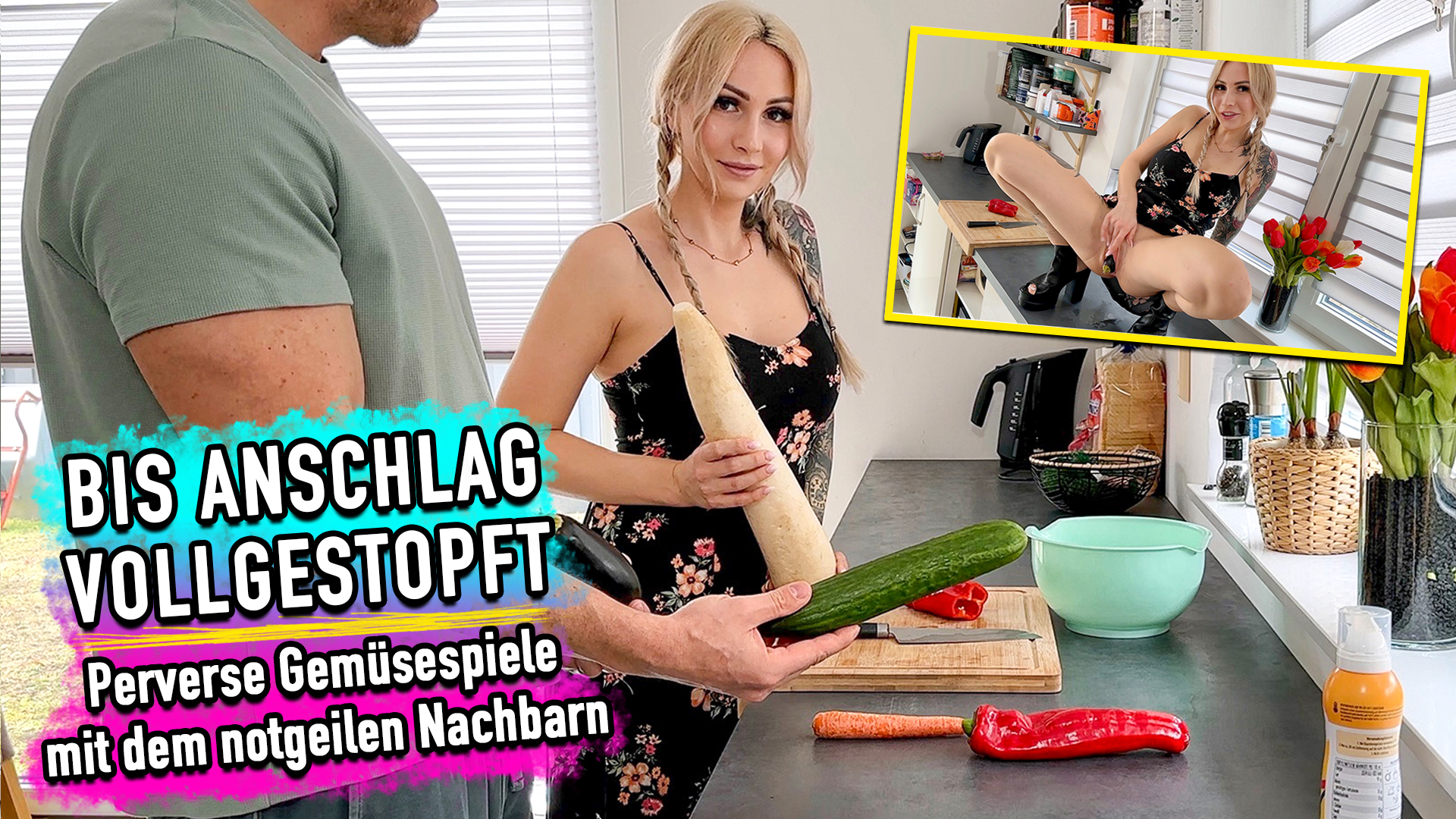 BIS ANSCHLAG VOLLGESTOPFT - Perverse Gemüsespiele mit dem notgeilen Nachbarn Ich war gerade dabei, mir etwas Leckeres zu kochen, als es plötzlich an der Tür klingelte. Zu meiner Überraschung stand mein Nachbar. Er hatte sich ausgesperrt und fragte, ob er kurz bei mir warten könne. Natürlich hatte ich nichts dagegen. Während ich das Gemüse vorbereitete, fiel sein Blick auf den dicken Rettich, die Aubergine und die Gurke. Ich bemerkte sofort, wie seine Gedanken in eine andere Richtung drifteten. Als er schließlich fragte, ob ich das wirklich unten reinbekommen würde, wusste ich, dass wir auf eine ganz andere Art „kochen“ würden. Er konnte meine Antwort nicht glauben – also musste ich es ihm beweisen. Ab diesem Moment wurde es hemmungslos. Das Gemüse blieb nicht nur zur Dekoration, sondern fand seinen Einsatz. Doch wir blieben nicht bei diesen Spielereien – er wollte mich ganz, ohne Zurückhaltung. Sein Verlangen wurde intensiver, und bald schon spürte ich ihn tief in mir. Kein Loch blieb unberührt, keine Grenze unangetastet. Als er schließli