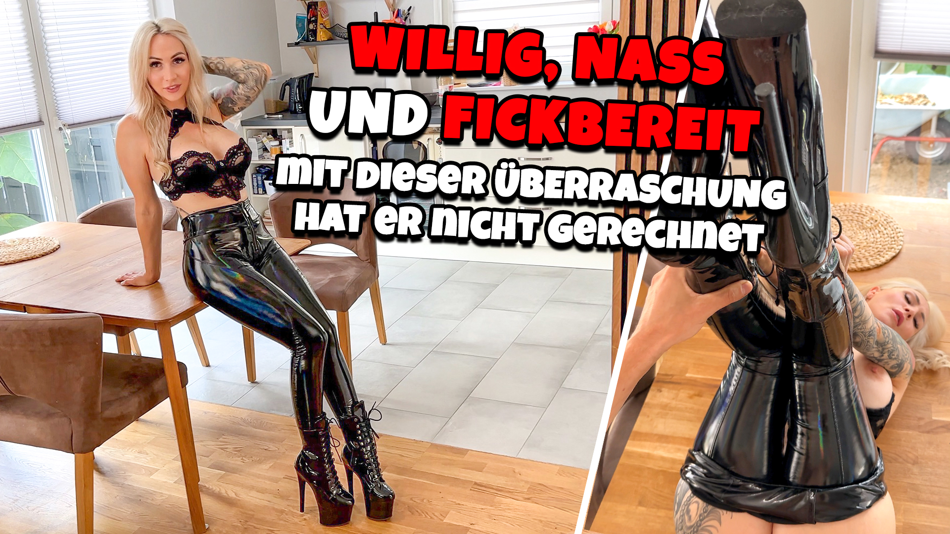 Willig, nass und fickbereit - mit dieser Überraschung hat er nicht gerechnet ! Was gibt es Geileres, als wenn man(n) von der Arbeit kommt und die Frau so auf einen wartet – willig, nass und fickbereit. Diese Überraschung habe ich ihm bereitet, denn ich weiß, wie sehr er auf meine shiny Leggings in Kombination mit heißen High Heels steht. Zuerst durfte er seinen Schwanz an meinem Leggings-Arsch reiben – das Teil stand sofort. Dann zog ich die Leggings halb herunter, setzte mich auf den Tisch und wollte seinen harten Schwanz tief in mir spüren. Er schob ihn blank rein, nahm meine Füße nach oben und hielt sich an den Heels fest. Er fickte mich schön hart, tiefer und tiefer … ich wollte seinen warmen Saft in mir spüren – und deshalb gab es einen saftigen Creampie für meine nasse Pussy. Er war total happy und direkt entspannt  