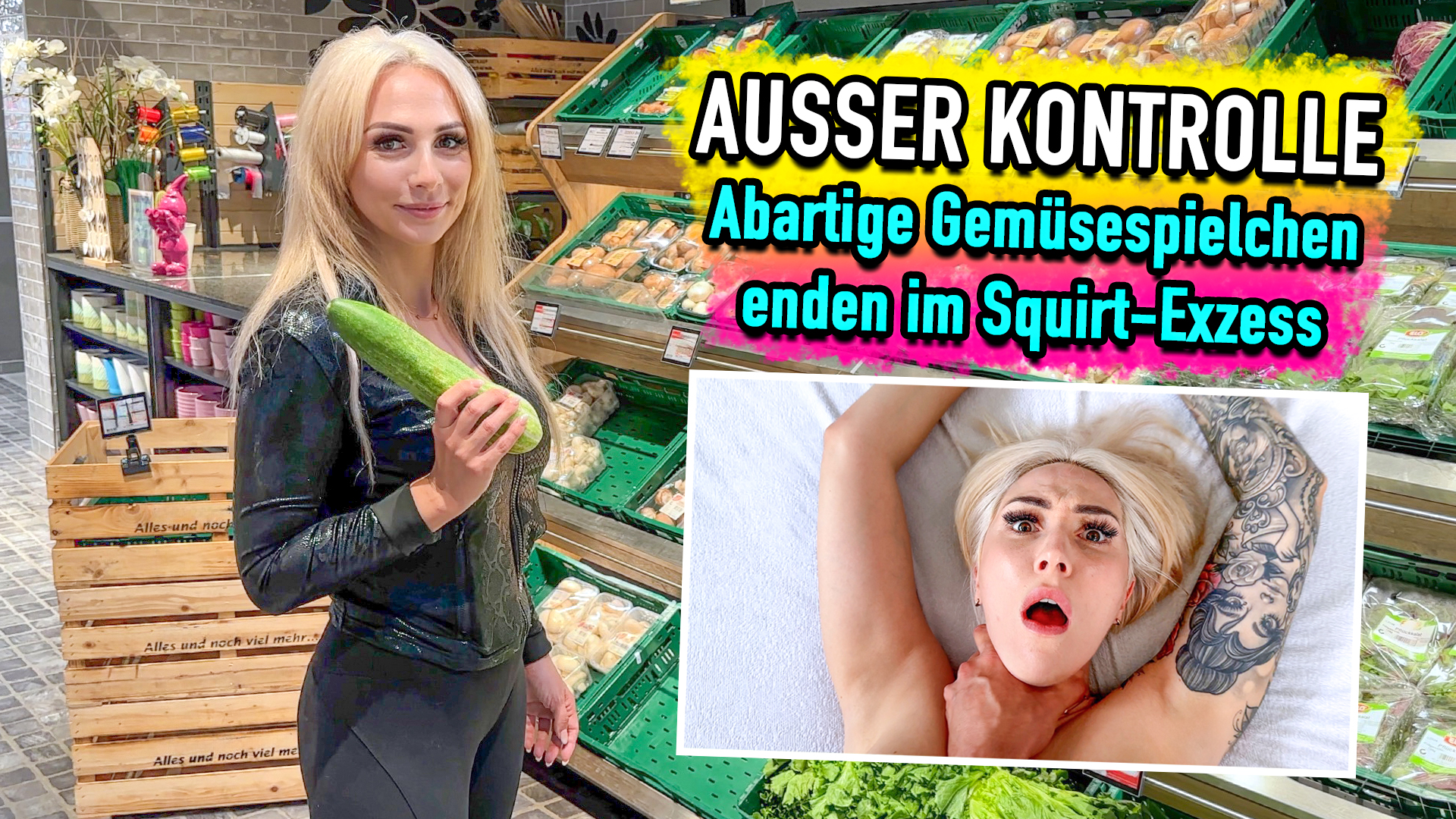Außer Kontrolle - Abartige Gemüsespielchen enden im Squirt-Exzess Fuck ... Was für ein krasser Fick und dabei fing es doch so harmlos an. Wir waren einkaufen und in der Gemüseabteilung. Da kam er mit einer dicken Gurke an, hatte ein fettes Grinsen im Gesicht und fragte mich, ob ich an das gleiche denken würde. Ich wusste nicht so genau, was er wollte aber dachte mir nichts schlimmes dabei und packte eine zweite ein. Zu Hause ging es gleich ins Schlafzimmer, wo ich mich schon mal ausziehen sollte. Er stand mit den beiden fetten Gurken vor mir, grinste wieder und legte sofort los. er schob mir die erste tief in meine Pussy ... Was für ein Gefühl ... er hörte nicht auf und machte weiter, so das ich immer geiler wurde. Sein Schwanz stand wie eine eins und er schob ihn blank in meine Pussy. Seine Hand wanderte an meinen Hals, er drückte zu. So hat er mich noch nie gefickt und es war einfach nur geil. Es war so geil, dass ich das erste Mal abspritzte. Er machte weiter und wurde intensiver ... ich hörte gar nicht auf zu spritzen ... immer und immer 