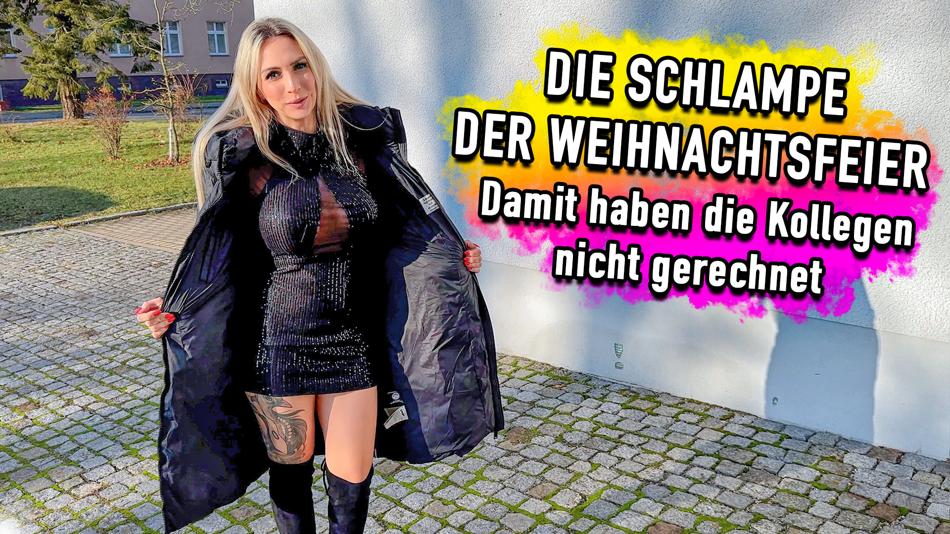 Alle Jahre wieder stand die Weihnachtsfeier im Büro an. Dieses Mal wollte ich auffallen und ich hab das kleine schwarze aus dem Schrank geholt. Dieses Kleid ist perfekt, um die Kollegen wild zu machen. Dazu gab es noch die schwarzen Overknee-Stiefel. Das perfekte Outfit für die Weihnachtsfeier und den ganzen notgeilen Kollegen. Als ich ankam war ich der Blickfang Nummer 1 und die Kerle kamen reihenweise an. Natürlich wollte ich auch meinen Spass und ich hatte freie Auswahl. Was dann passierte, dass werden sie nicht so schnell vergessen.