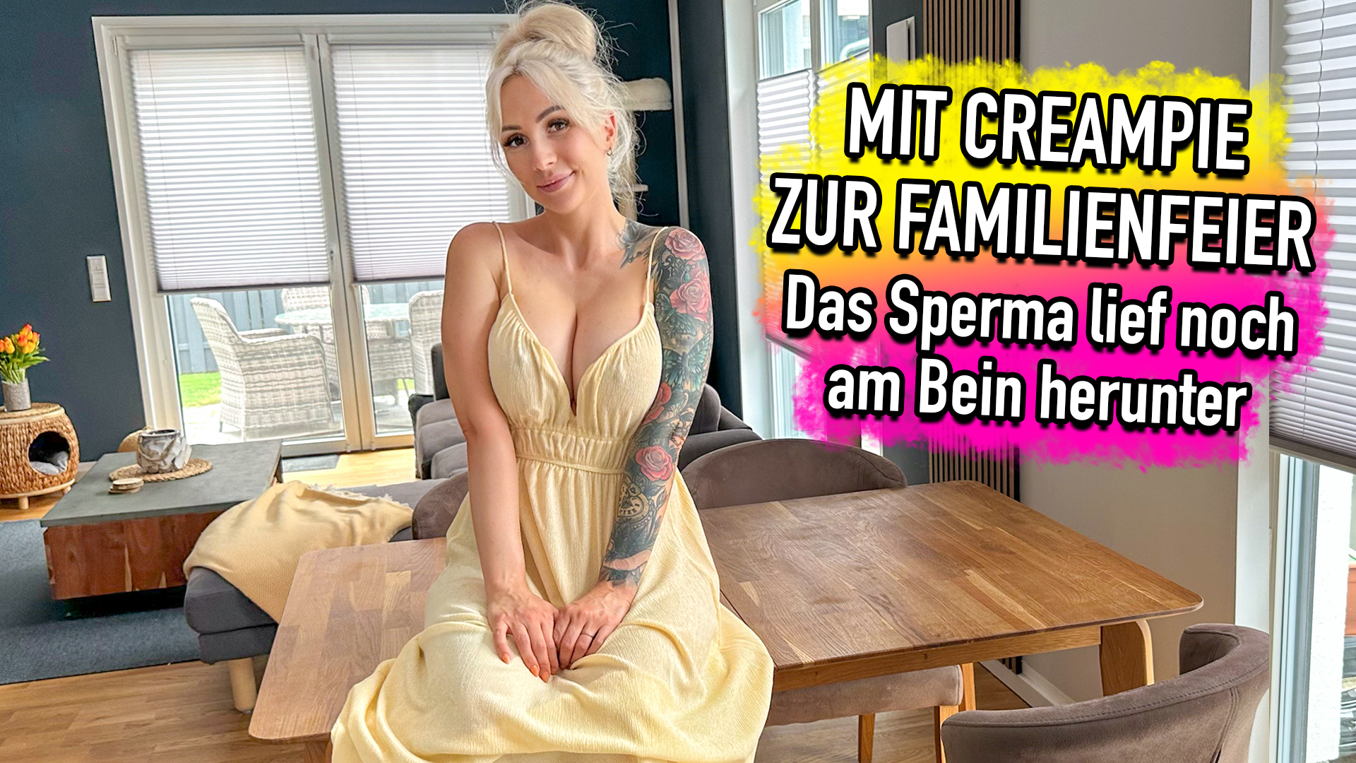 Mit Creampie zur Familienfeier und es lief noch am Bein herunter Ein langes Wochenende ohne Sex stand bevor und das war für ihn jetzt schon unerträglich. Zum Glück hatte ich einen Plan B parat, kein Höschen an und ziemliche Lust. Kurz bevor wir los wollten, setze ich mich auf den Tisch, zog mein Kleid hoch und spreizte die Beine. Der Anblick gefiel ihm so sehr, dass sein Schwanz gleich hart wurde. Er durfte ihn schön tief reinstecken und es meiner Pussy besorgen. Wir fickten so geil auf dem Esstisch. Er stieß ordentlich zu und mein praller Arsch klatschte. Zum Finale spritze er tief in mich hinein und ich merkte, wie das Sperma aus mir tropfte. Wir mussten jedoch los und so ging es mit einem Creampie zur Feier ...