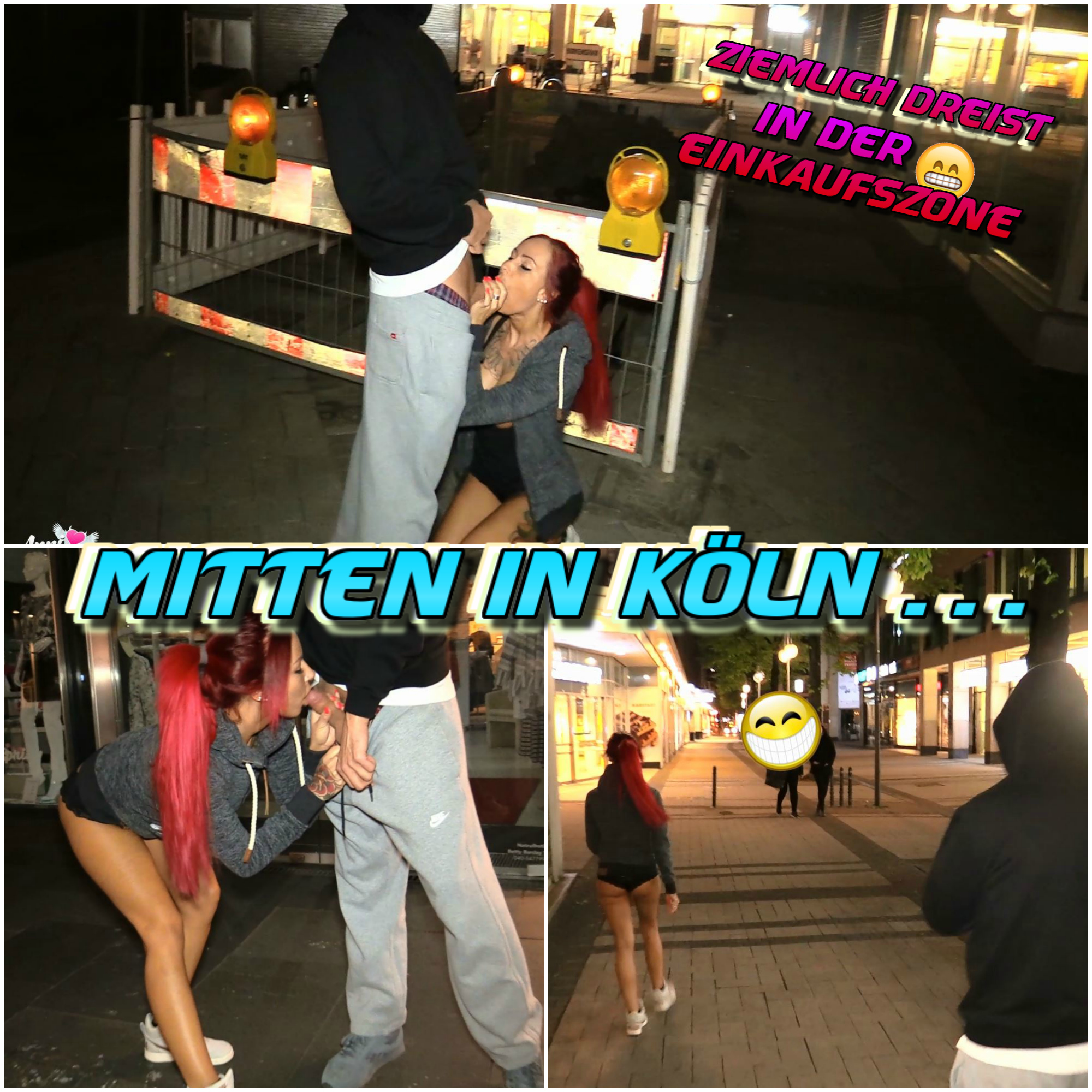 DREISTER gehts nicht ! Mega Schwanz mitten in Köln ! Ich wollte mit meinem Date mal etwas ganz besonderes erleben - also gingen wir in die Einkaufszone mitten in Köln und ich packte seinen Riesen Lümmel aus -  Natürlich gingen öfter Leute an uns vorbei, die sich sicherlich fragten, warum ich keine Hose anhabe und was wir da eigentlich machten :D Die Polizei durfte natürlich auch nicht fehlen aber die haben uns zum Glück nicht gesehen ... Als es uns dann doch ein wenig zu unbequem wurde mit dem Versuch, an einer Baustelle zu ficken, gingen wir wieder in die Wohnung und da bekam meine aufgeregte Muschi den Mega-Schwanz BLANK rein gerammt ... meine Güte, war das aufregend :D