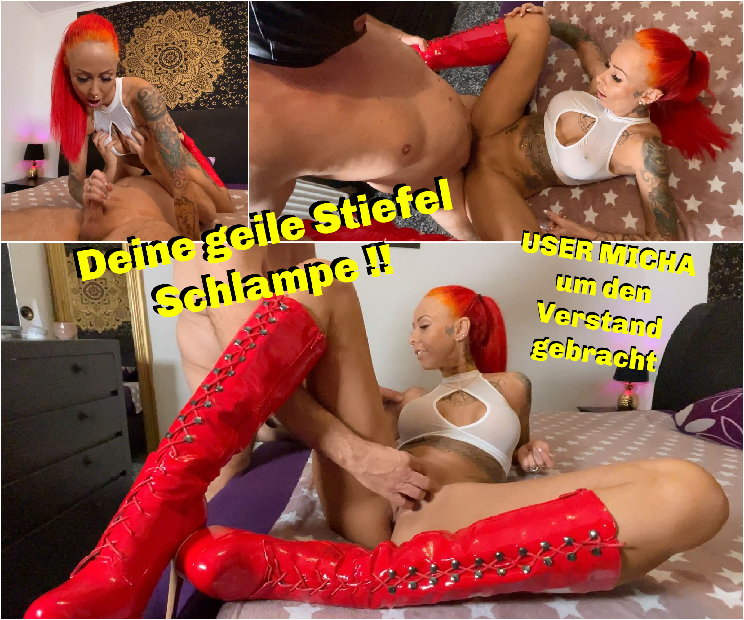 Geile rote Lack Stiefel, ein sexy durchsichtiges weißes Oberteil und ansonsten nichts ... so habe ich bei meinem letzten User Date den User Micha empfangen .. sichtlich aufgegeilt machte er sich an meiner Pussy zu schaffen und fing an, seine Hände zwischen meinen Beinen kreisen zu lassen ... Natürlich wollte ich auch ran und wir wechselten in die 69 ... auf seinem Gesicht sitzend lutschte und wichste ich seinen harten Schwanz ... Mit dem Outfit schien ich ihn ganz verrückt zu machen ... *G* nicht lange dauerte es, bis er seinen Schwanz in meiner feuchten Fotze versenkte und wir es geil trieben ... Auch wenn Micha schon wesentlich älter ist als ich, liebe ich es jedes mal wieder ihn so scharf zu machen ... den Rest schaust du dir am besten einfach selbst an :)