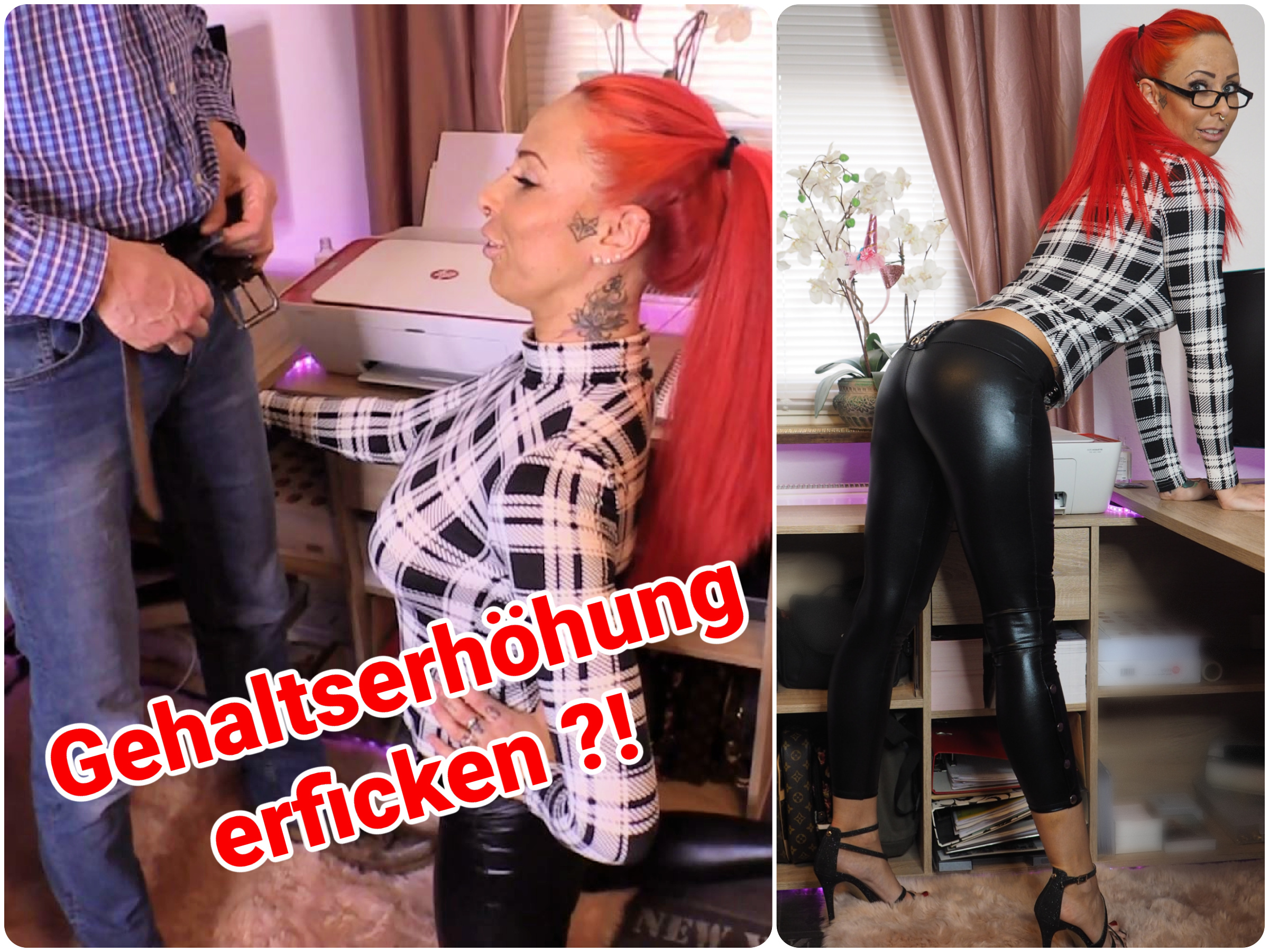 Vom Chef ausgenutzt !! Dieser notgeile Sack !! Ich hätte es ja wissen müssen ... von wegen Gehaltserhöhung ... Auf der letzten Weihnachtsfeier hatte mein Chef mir versprochen, bald könnte ich mit einer Erhöhung rechnen ... Die Monate strichen ins Land, nix passierte ... also ergriff ich selbst die Initiative und fragte nach ... Wie frech er sagte, ich könne doch für den Job keine Erhöhung verlangen ... pfff ... Auf einmal meinte er, ob ich gut blasen könnte - ääähm ... also das war ja schon echt ziemlich dreist aber da ich ja nun mal gut blasen kann *g* wollte ich das so nicht auf mir sitzen lassen und lies mich darauf ein .. natürlich habe ich komplett nackt auch noch andere Qualitäten *zwinker* und aus einem BlowJob wurde ein heftiger harter Fick auf und um seinen Bürostuhl herum ... sein dicker großer Schwanz fickte mich geil in allen möglichen Stellungen und ich war ziemlich überrascht, was mein Chef für ne geile Sau ist hehe ;D Naja, ich denke, die Erhöhung hab ich mir jetzt auch verdient *G*