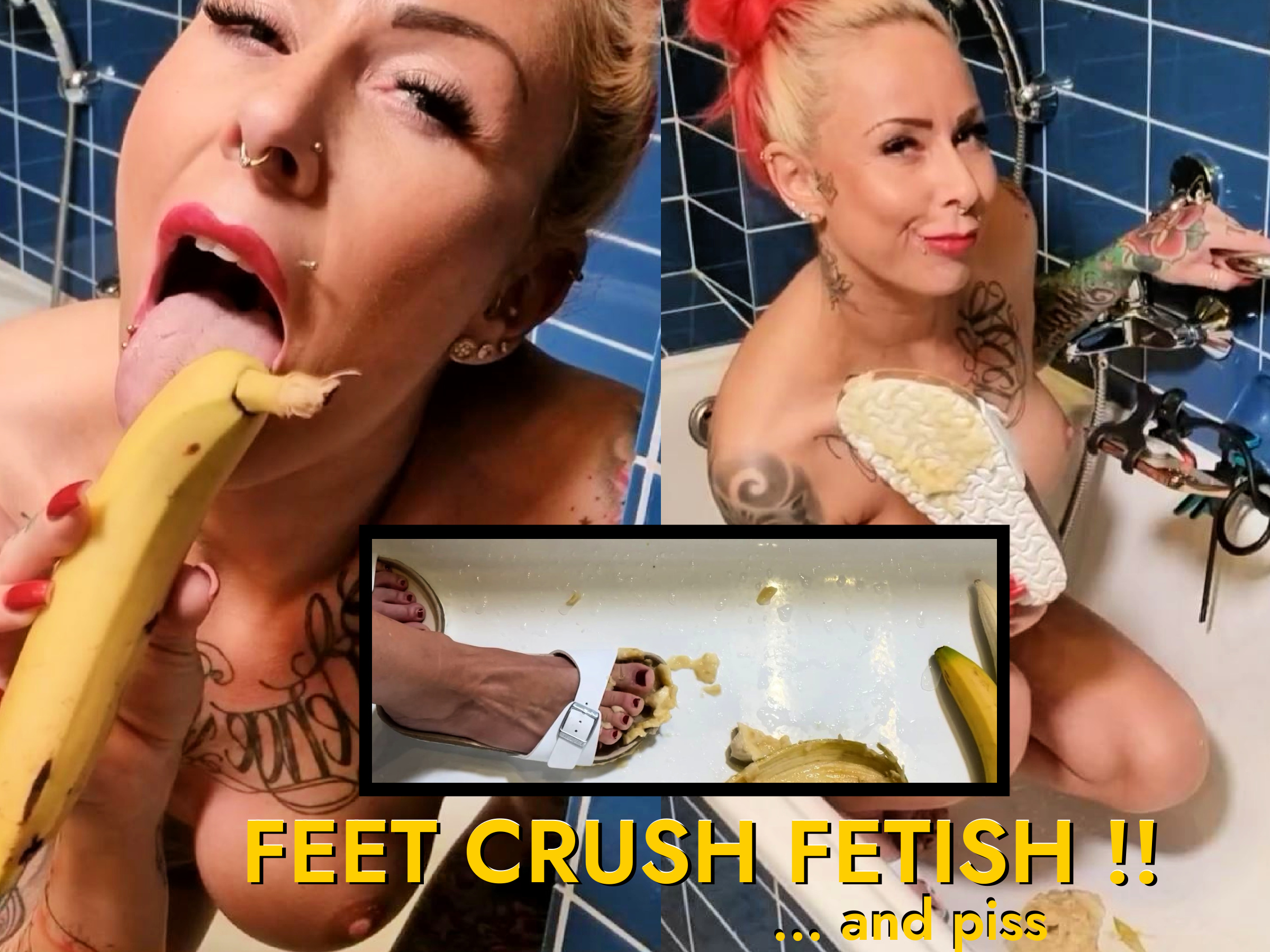FEET CRUSH AND PISS ON IT !! Deine Banane muss leiden ! So wie du es dir gewünscht hast, kümmere ich mich heute um deine Banane ;D Naja jedenfalls so fast, denn als Protagonist hält nicht dein Schwanz her sondern ein paar echte Bananen ... leider hast du dich ja im letzten Moment doch irgendwie aus der Affäre gezogen und nun muss ich mir halt eine Alternative zu deinem unwürdigen Schwanz suchen ... eigentlich hast du es gar nicht verdient, das ich dieses Video für dich mit alternativen Mitteln drehe ... da mir die Idee aber gut gefallen hat, mache ich es trotzdem - dein Glück ;D also lehn dich zurück und genieße die Show du kleiner Loser ... zumindest kannst du dir vorstellen, das dein Schwanz bei mir in guten Händen gewesen wäre ... oder unter guten Füße haha xD
