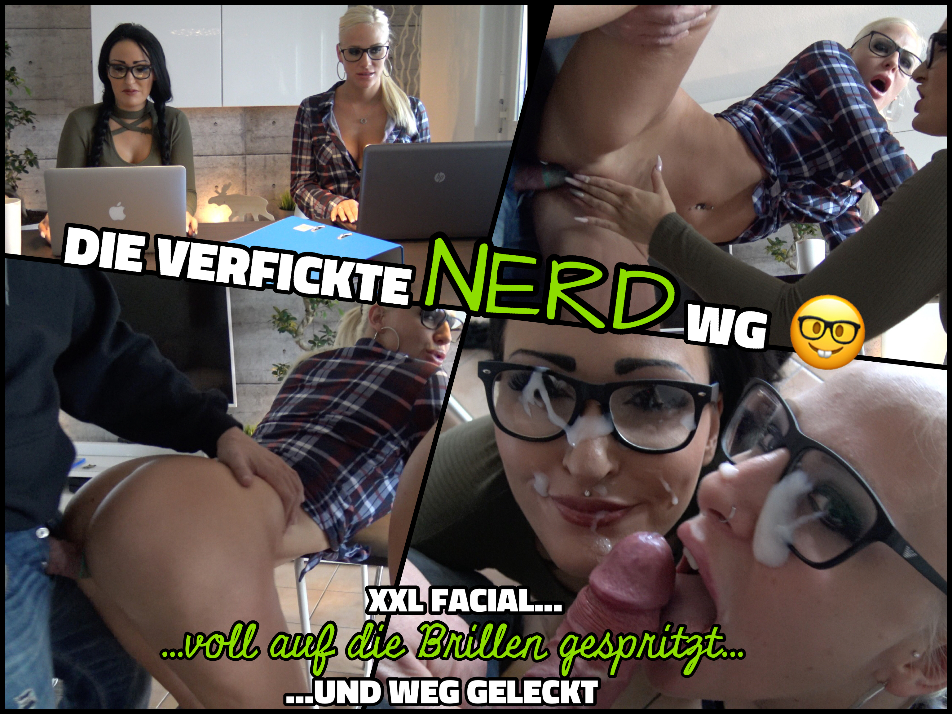 Die verfickte NERD WG - XXXL FACIAL voll auf die Brillen gespritzt Stehst du auf geile NERD-Schlampen? Findest du solche Brillenschlangen wie Mira und mich auch mega geil und hast nur einen Wunsch-Gedanken wenn du solche Streberinnen siehst, nämlich ihnen eine geile Gesichtsbesamung verpassen? Wir sitzen an unseren Laptops und können vor Geilheit kaum einen klaren Gedanken fassen. Dabei steht doch schon bald eine wichtige Klausur an! Unser WG Oberstreber kommt da gerade genau richtig. Während er uns noch das Prozentrechnen erklären will haben wir schon seinen Schwanz im Maul und blasen ihn gierig steif damit er uns endlich durchficken kann. Sexuell ausgehungert vom vielen lernen, lassen wir uns nacheinander im Stehen von hinten wegficken! Wooaaar geil wie sein fetter Schwanz meine Fickfotze zum glühen bringt! Als wir uns aber dann beide von ihn hin knien und ihn mit herausgestreckter Zunge nach seinem Sperma anbetteln, spritzt die Ficksoße aus ihm heraus direkt auf unsere Nerd-Brillen.