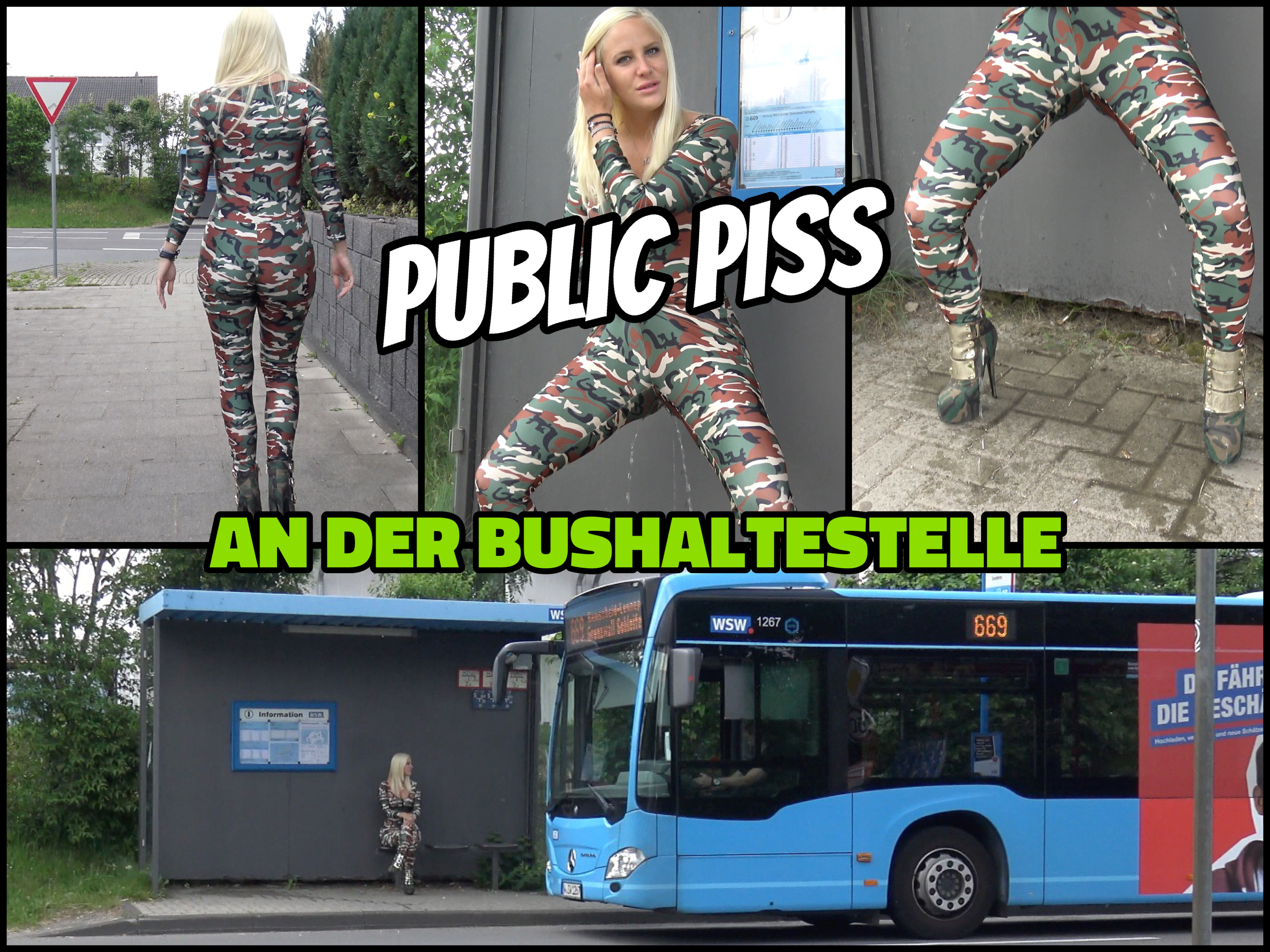 PUBLIC PISS - Haltestelle im hautengen Fick Anzug nass gepisst Wie gefällt dir mein scharfes Outfit? Während ich in diesem gewagten, hautengen Anzug an der Haltestelle auf den Bus warte, muss ich plötzlich dringend pissen. Die Autos fahren direkt vor meiner Nase vorbei, doch ich stelle mich einfach dreist mit gepreizten Beinen hin und pisse voll durch den Anzug. Der Boden an der Haltestelle ist ganz nass, als auch der verspätete Bus endlich mal kommt... Würdest du mich in dem Outfit gern einfach mal in der Öffentlichkeit anfassen und streicheln?