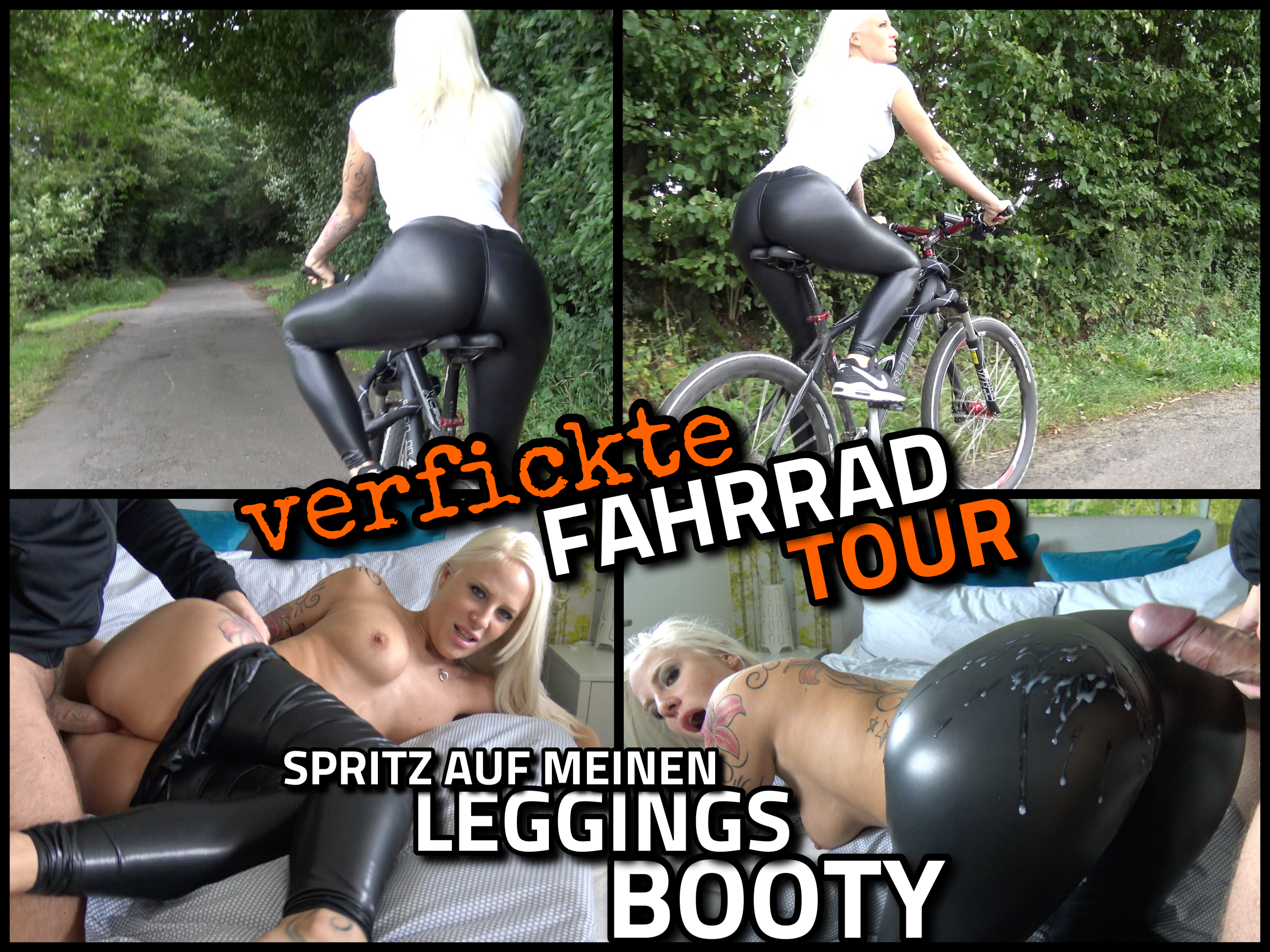 verfickte FAHRRAD TOUR - spritz auf meinen LEGGINGS BOOTY Es macht mich extrem geil, öffentlich in hautenger wetlook Leggings Fahrrad zu fahren. Die notgeilen Blicke der vorbeilaufenden Jogger, der Sattel der geil meinen Kitzler massiert... Total aufgegeilt erreiche ich mein Zwischenziel und schließe mit herausgestrecktem Arsch mein Bike ab, da spricht mich ein Kerl von hinten an... Es ist eigentlich unglaublich dreist was er von mir will, aber ich lasse mich vor Geilheit einfach drauf ein und komme mit ihm mit. Ein Quickie in seinem Ehebett, nur weil ich heute meine Lieblings-Leggings an habe. Wie wild benutzt er meinen XXL Bubble Butt, knallt mich durch und ich genieße jeden einzelnen Fremdfick-Stoß bis er mir seine heiße Ficksahne schön auf meine pralle Leggings-Kiste spritzt! OMG ist das geil, hättest du mich auch einfach angesprochen wenn du mich so getroffen hättest...?