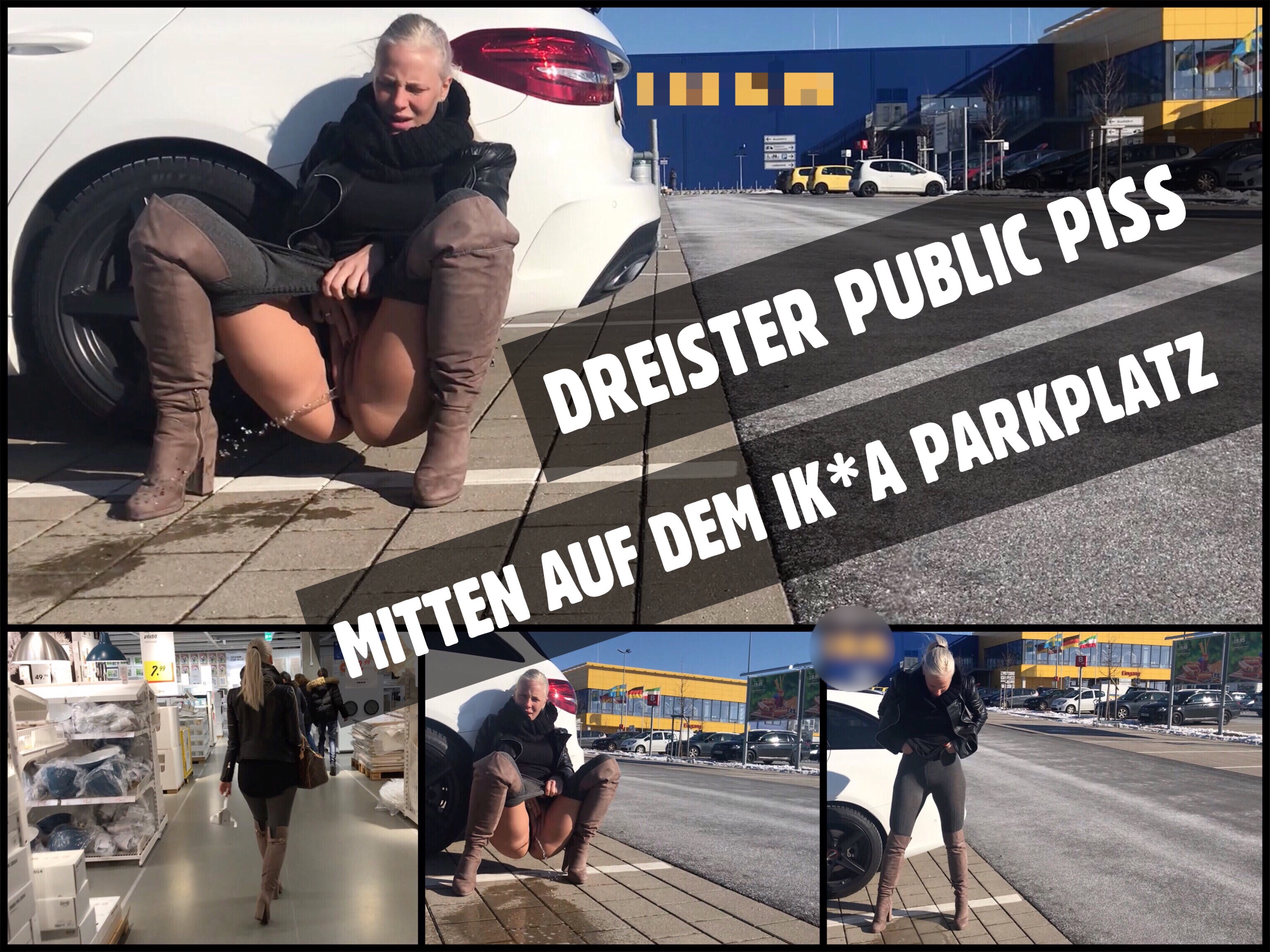 Mitten auf dem Kaufhausparkplatz - Public PISS nach dem shoppen Begleite mich doch mal bei einem geilen Einkauf im schwedischen Möbelhaus :) So gehts mir fast immer: Kaum ist man durch die Kasse, drückt auch schon die Blase. Bepackt mit Regalbrettern und Kleiderbügeln schaffe ich gerade noch bis zum Parkplatz, dann lehne ich mich an ein Auto, ziehe mir die Strumpfhose vom Arsch und pisse einfach ganz dreist und public drauf los. Wärst du gern dabei und würdest mir danach die nasse Pissfotze streicheln, sie lecken, mir einfach nur dabei zuschauen oder direkt drunter legen und alles wegschlucken...?