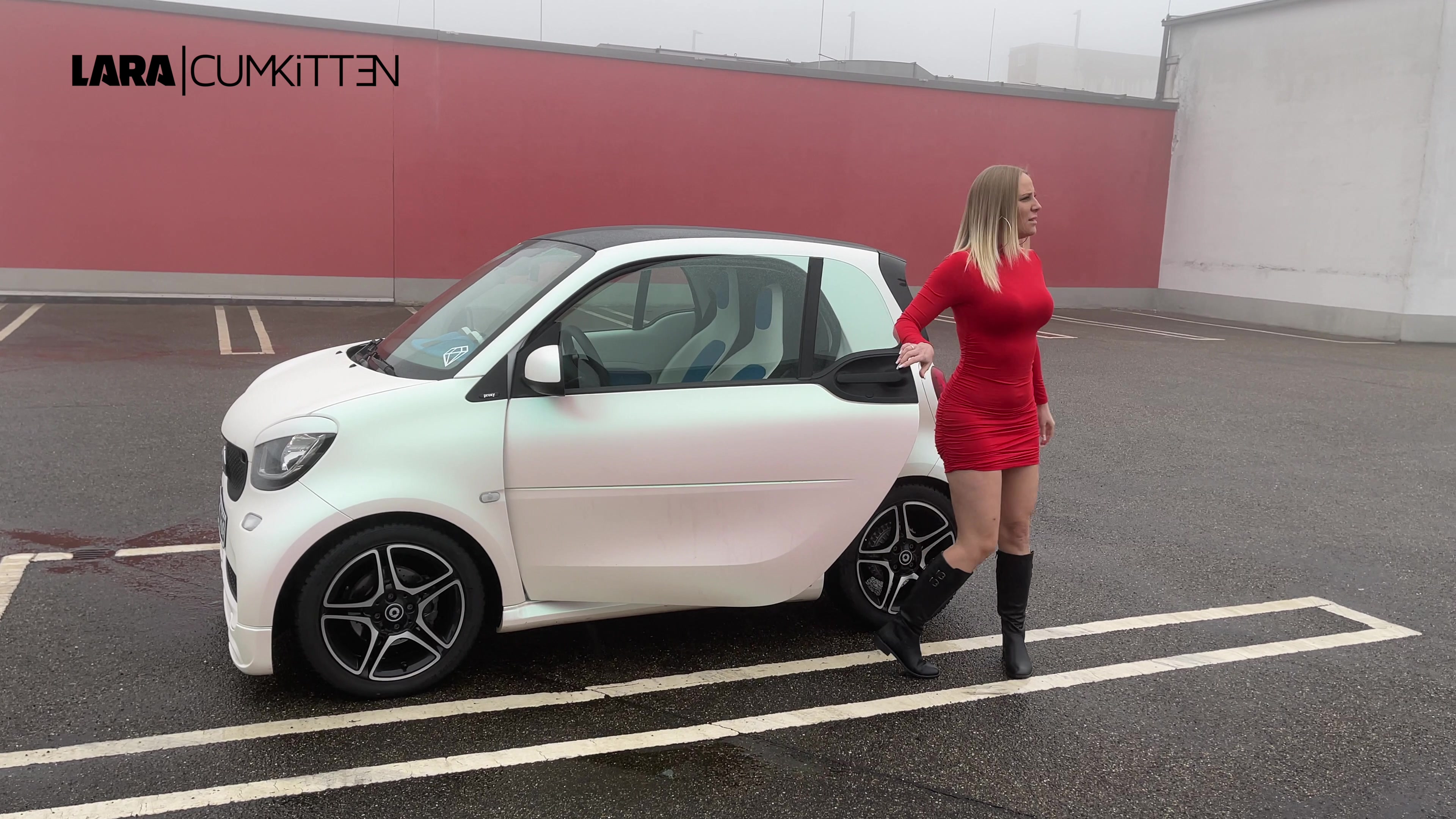 Es ist nass. Es regnet. Ich muss pissen. Meine Blase füllt sich immer mehr. Ich fahre auf den Parkplatz, ziehe mein rotes Kleid hoch und schwinge mein linkes Bein hoch auf die Mauer. Ich trage kein Höschen drunter. Weit gespreizt steht meine Fotze offen und ich fange an zu pissen. Es plätschert und der \