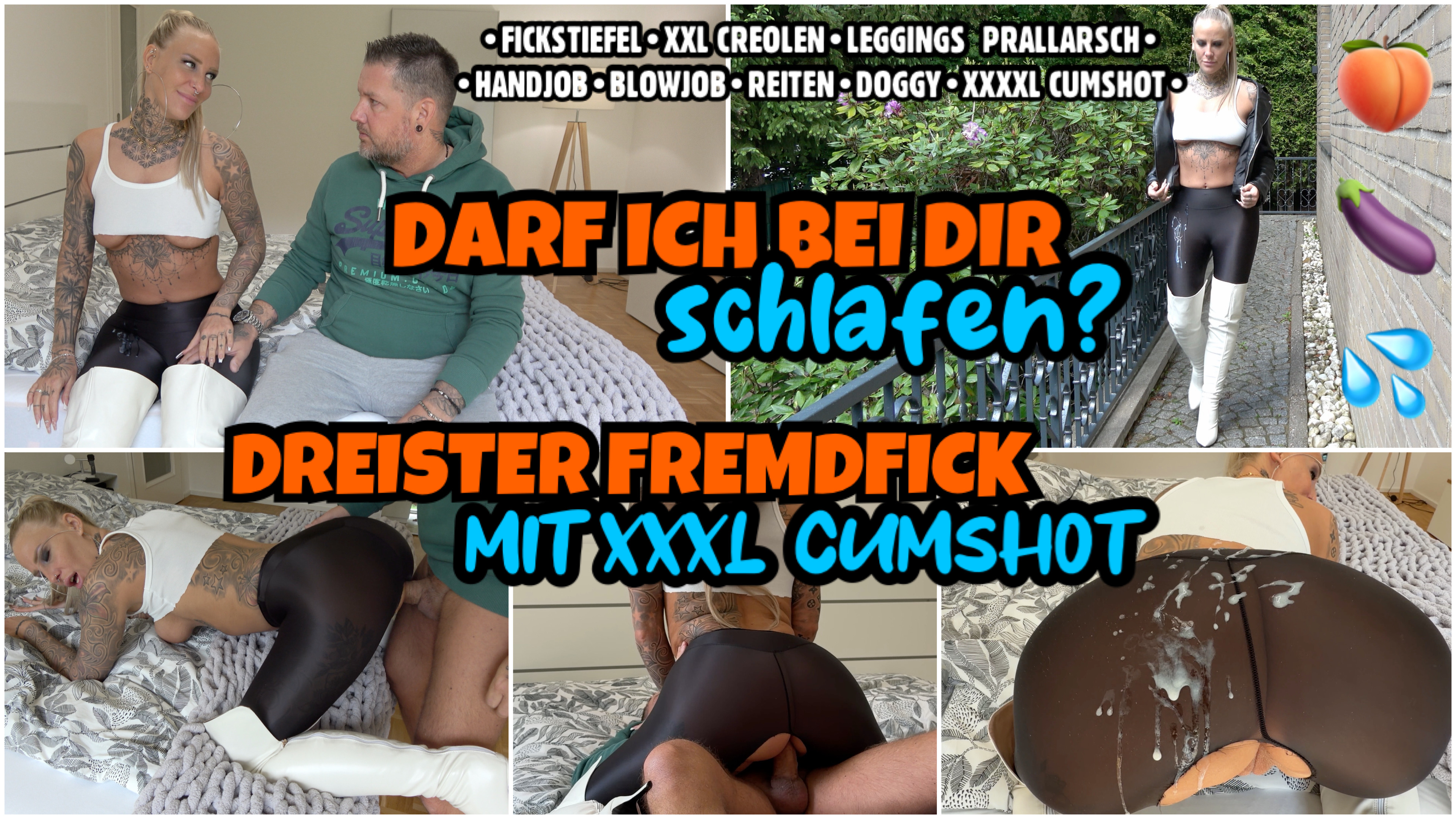 Darf ich bei dir übernachten? - FREMDFICK mit XXXXL CUMSHOT Total geil in weissen Fickstiefeln, einer schwarzen vollgewixxten Satin Leggings und einem abgeschnittenen Top aus dem meine Titten unten schon raus schauen, stehe ich bei einem Kumpel vor der Tür, um ihn anzubetteln ob ich die Nacht bei ihm pennen darf. Mein Freund hat mich nämlich von zu Hause raus geschmissen, nur weil mich jemand auf der Toilette als Wixxvorlage benutzt und meine Leggings vollgespritzt hat. Mein Kumpel zerrt mich schnell in einen Anbau aufs Bett weil seine Frau wohl noch zu Hause ist. Ich zeige ihm wie dankbar ich ihm bin und lege seine Hand auf meine Leggings Schenkel. Plötzlich geht alles ganz schnell. Ich wixxe und blase seinen harten Ständer. Dann besteige ich ihn und bettel ihn an mich zu ficken. Ich reiße meine Leggings im Schritt auf und er knallt mich doggy durch. Dann setze ich mich auf ihn und komme reitend auf ihm zum Orgasmus. Am Ende bettel ich ihn an, dass er mir bitte auf den Arsch spritzen soll. Oh FUCK WOW - was ist das denn für eine Ladung? 