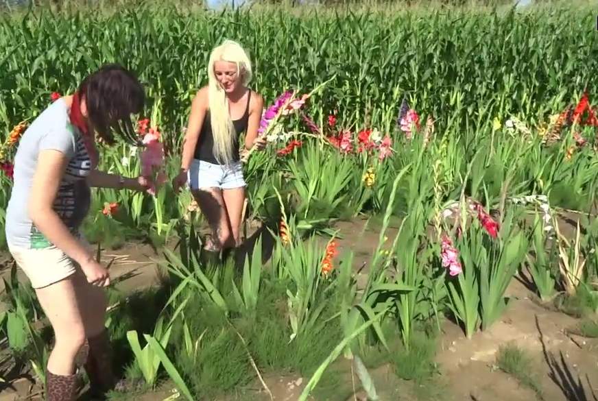 Angelina1986: Bi- Mädls pflücken Blumen und stecken sich Maisk****n rein