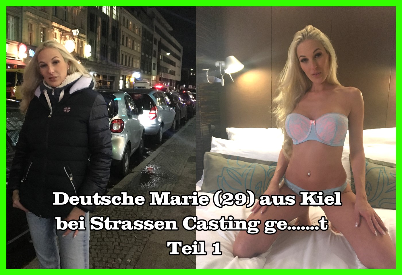 Da hat es sich doch gelohnt am Abend nochmal über den Alexanderplatz in Berlin mit der Kamera zu laufen, denn ich habe diese super geile Maus Marie (29) aus Kiel getroffen und sie natürlich gleich nach einem Model-Job gefragt. Sie war eigentlich auch ganz Feuer und Flamme und so legte ich ihr nahe, dass sie für eine neue Sport-Kampagne arbeiten könnte, aber ich bräuchte Bilder in Unterwäsche dafür. Und so ging es direkt in ein Hotel um die Ecke und dann kam was kommen müsste und worauf ich die ganze Zeit gehofft habe! Ich durfte sie ficken und dabei sogar die Kamera laufen lassen und so habt ihr jetzt die Möglichkeit, an meinem Erlebnis teilhaben zu können mit diesem Video!