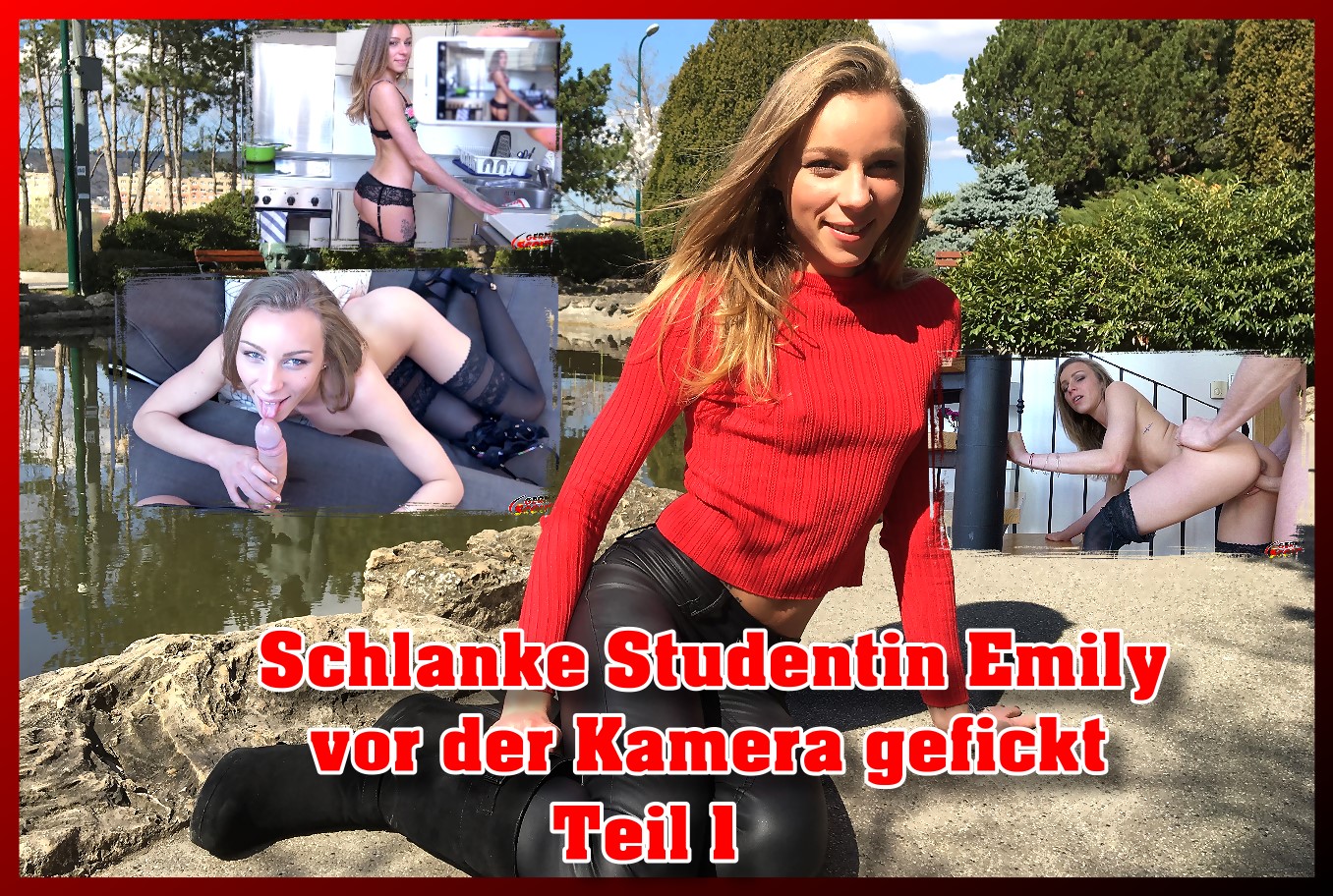 Schlanke Studentin Emily vor der Kamera gefickt Teil 1 Traumhaft, Super, Mega, dass sind die Worte mit denen ich dieses Casting beschreiben würde und auch dir werden die beiden Videos ähnliche Worte in den Kopf schießen lassen. Ich war bei schönen Wetter mal wieder in einem Park in Prag unterwegs und natürlich mit der Kamera bewaffnet, als mir plötzlich diese zarte Frau über den Weg lief! Mit ihren roten Pullover war sie nicht zu übersehen, aber der Rest, nämlich der kleine knackige Po und das zucksüße Lächeln  toppen das alles noch! Ich sprach sie direkt an und erzählte ihr von der großen Model-Karriere. Wir bräuchten nur ein sexy Unterwäsche Shooting und so landeten wir direkt in meinem Apartment für den Tag. Und als sie dann so sexy die Treppe runter kam wusste ich was ihr wollte und musste es ihr nur noch mit ein paar Geldscheinen verklickern, dass ich sie vor der Kamera ficken wollte! Und es hat geklappt und die kleine war so mega geil, dass ich sie zu mehrfachen Orgasmen vor der Kamera ficken konnte. Das müsst ihr u