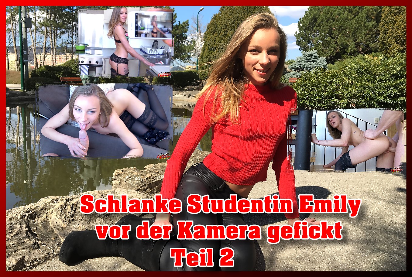 Schlanke Studentin Emily vor der Kamera gefickt Teil 2 Traumhaft, Super, Mega, dass sind die Worte mit denen ich dieses Casting beschreiben würde und auch dir werden die beiden Videos ähnliche Worte in den Kopf schießen lassen. Ich war bei schönen Wetter mal wieder in einem Park in Prag unterwegs und natürlich mit der Kamera bewaffnet, als mir plötzlich diese zarte Frau über den Weg lief! Mit ihren roten Pullover war sie nicht zu übersehen, aber der Rest, nämlich der kleine knackige Po und das zucksüße Lächeln  toppen das alles noch! Ich sprach sie direkt an und erzählte ihr von der großen Model-Karriere. Wir bräuchten nur ein sexy Unterwäsche Shooting und so landeten wir direkt in meinem Apartment für den Tag. Und als sie dann so sexy die Treppe runter kam wusste ich was ihr wollte und musste es ihr nur noch mit ein paar Geldscheinen verklickern, dass ich sie vor der Kamera ficken wollte! Und es hat geklappt und die kleine war so mega geil, dass ich sie zu mehrfachen Orgasmen vor der Kamera ficken konnte. Das müsst ihr u