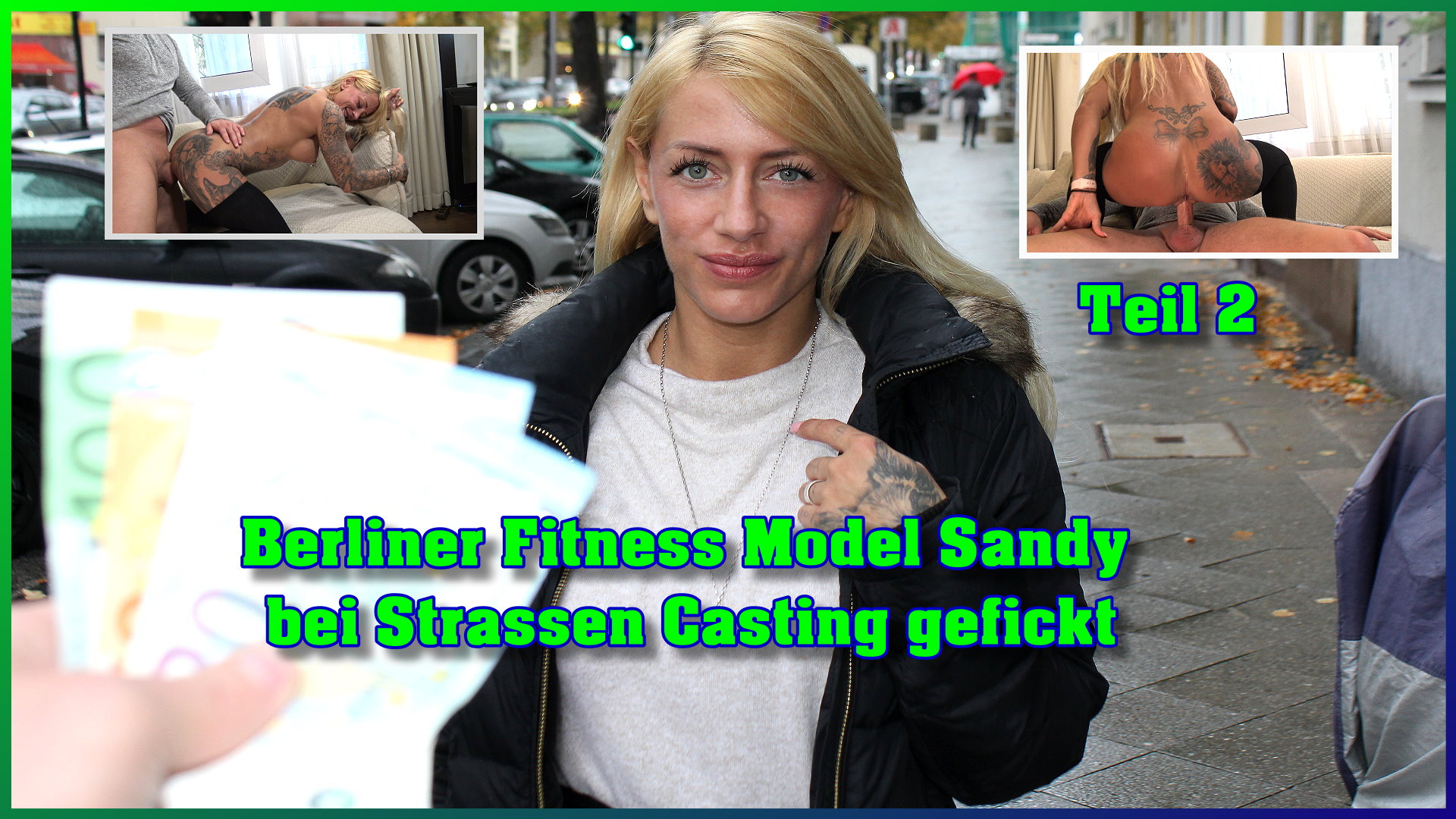 Berliner Fitness Model Sandy bei Strassen Casting gefickt Teil 2 Auf den Berliner Straßen traf ich auf diese süße Maus im kurzen Outfit, was bei dem Wetter schon gewagt war. Ich hatte mein Glück nach vielen Absagen eigentlich schon aufgegeben. Aber ich wollte wenigstens noch einen letzten Versuch machen und sprach sie einfach an. Sie stellte sich mir als 33 Jahre junge Stripperin Sandy aus Berlin vor und macht extrem viel Sport. Das konnte man auch an ihrem tollen Körper sehen und ich konnte sie für ein Taschengeld davon überzeugen ein paar Bilder zu machen. Diese sollten für die Model Kartei sein und wir könnten die schnell bei mir machen. Also los und German Scout Sandy konnte endlich los gehen. Bei mir angekommen machten wir die ersten Bilder und sie war so abgelenkt von dem Gespräch, dass sie nicht merkte das sie auf einmal fast nackt war. Sie stand nur noch in langen Strümpfen vor mir und ich konnte ihren durchtrainierten Körper und die tollen Brüste sehen. Jetzt wollte ich alles und fragte nach Spaß mit ihr vor der Kamera für mi
