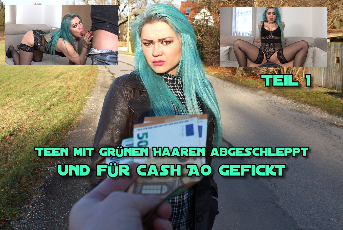 Teen mit grünen Haaren abgeschleppt und AO für Cash gefickt Teil 1 Im Dorf bei meinem Kollegen angekommen baute ich mein Set in seiner Wohnung auf und legte mich auf die Lauer. Ich wollte diese Frau mit grünen Haaren ansprechen und mit ihr drehen. Und nach ca. eine Stunde konnte ich sie auf der Straße erblicken und sprach sie direkt an. Ich bekam eine richtig schroffe Reaktion, aber ließ natürlich nicht locker. Und ließ meinen Charme spielen und sie hörte mir wenigstens dann zu. So konnte ich ihr erklären, dass wir für einen Model Job unbedingt eine Frau mit ihrer Optik bräuchten und wir könnten das Casting gleich machen. Nach weitere Überzeugungsarbeit willigte sie ein und ich konnte sie mit nehmen für erste Bilder. In der Wohnung des Freundes angekommen machten wir die ersten Bilder und ich fragte sie ein wenig aus. Ich erfuhr das sie Indra heißt, 29 Jahre alt ist, eigentlich aus Litauen stammt aber eine Freundin hier besucht. So wurde sie immer lockerer und ich hatte dann das Gefühl, dass sie sofort wusste, was ich eigentlich von ihr 