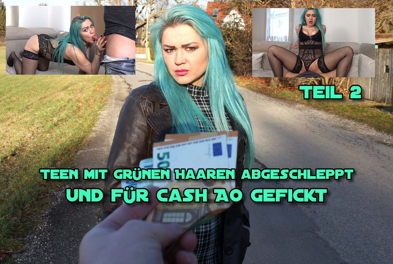 Teen mit grünen Haaren abgeschleppt und AO für Cash gefickt Teil 2 Im Dorf bei meinem Kollegen angekommen baute ich mein Set in seiner Wohnung auf und legte mich auf die Lauer. Ich wollte diese Frau mit grünen Haaren ansprechen und mit ihr drehen. Und nach ca. eine Stunde konnte ich sie auf der Straße erblicken und sprach sie direkt an. Ich bekam eine richtig schroffe Reaktion, aber ließ natürlich nicht locker. Und ließ meinen Charme spielen und sie hörte mir wenigstens dann zu. So konnte ich ihr erklären, dass wir für einen Model Job unbedingt eine Frau mit ihrer Optik bräuchten und wir könnten das Casting gleich machen. Nach weitere Überzeugungsarbeit willigte sie ein und ich konnte sie mit nehmen für erste Bilder. In der Wohnung des Freundes angekommen machten wir die ersten Bilder und ich fragte sie ein wenig aus. Ich erfuhr das sie Indra heißt, 29 Jahre alt ist, eigentlich aus Litauen stammt aber eine Freundin hier besucht. So wurde sie immer lockerer und ich hatte dann das Gefühl, dass sie sofort wusste, was ich eigentlich von ihr 