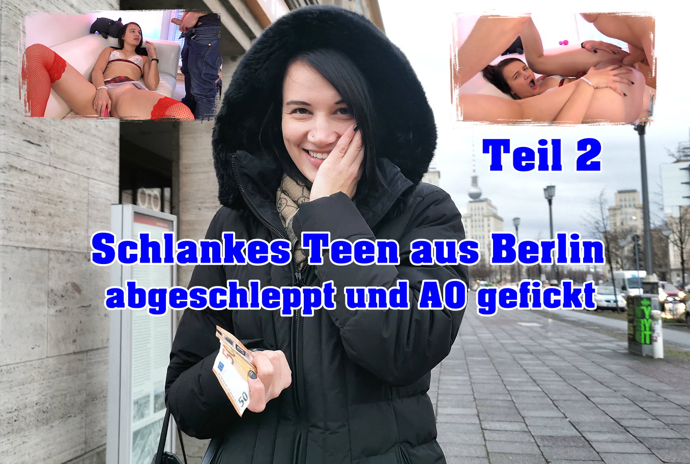 Schlankes Teen aus Berlin abgeschleppt und AO gefickt Teil 2 Ich erblickte sie in einer Berliner Nebengasse und nahm meinen ganzen Mut von dem geglückten Dreh gestern zusammen und sprach sie an. Sie war gleich relativ locker und ließ mich mit einem Lächeln auf den Lippen erklären. Ich erzählte ihr von meiner Model Agentur und das wir wieder neue Gesichter suchen. Aber so dick eingepackt könnte ich natürlich nichts in die Kartei aufnehmen. Dafür bräuchte ich bessere Bilder. Da war sie erst gar nicht von begeistert, aber mit netten Worten und etwas Kleingeld folgte sie mir dann doch. Bei mir angekommen machten wir die ersten Bilder in normalen Klamotten. Dann erzählte ich ihr von einem Unterwäsche Auftrag und legte ihr direkt ein geiles Outfit hin. Sie stockte kurz, aber zog es dann doch an und ließ sich fotografieren. Dort kamen mir auf ganz schmutzige Themen und als ich ihr einfach mal ein Spielzeug hinhielt schob sie sich das Ding direkt rein. Das war mein Zeichen und ich packte einfach mal mein bestes Stück aus. Und das fand sie a